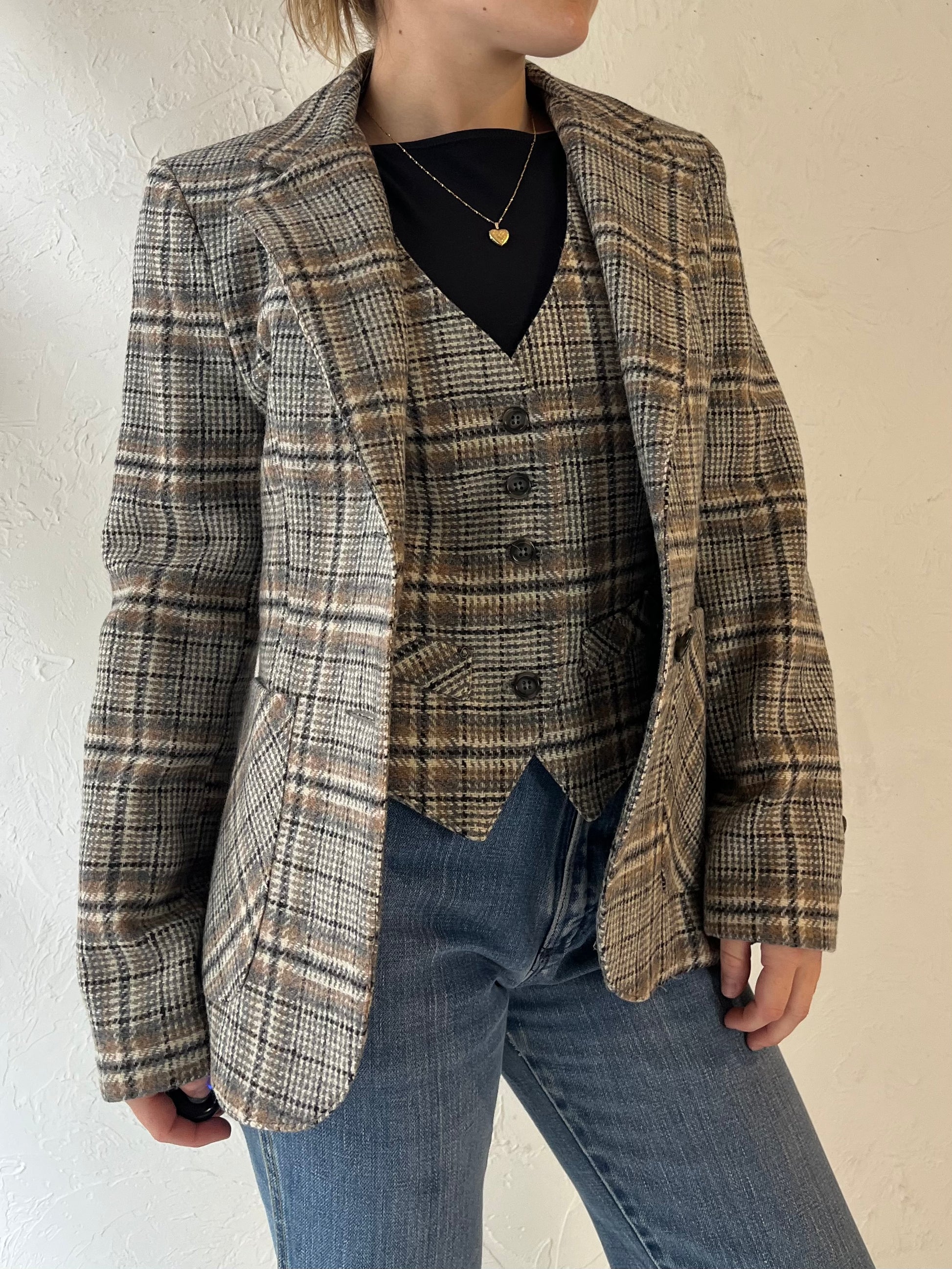 70s 'Prestige' Plaid Blazer Vest Set / Union Made / Small