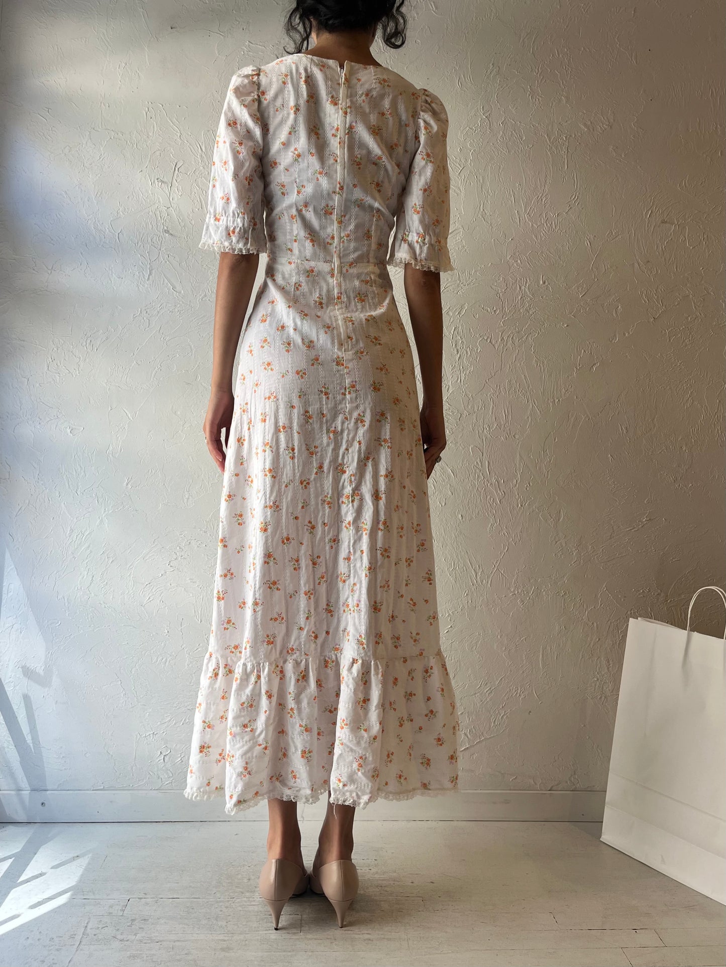70s Handmade White Prairie Dress / Small
