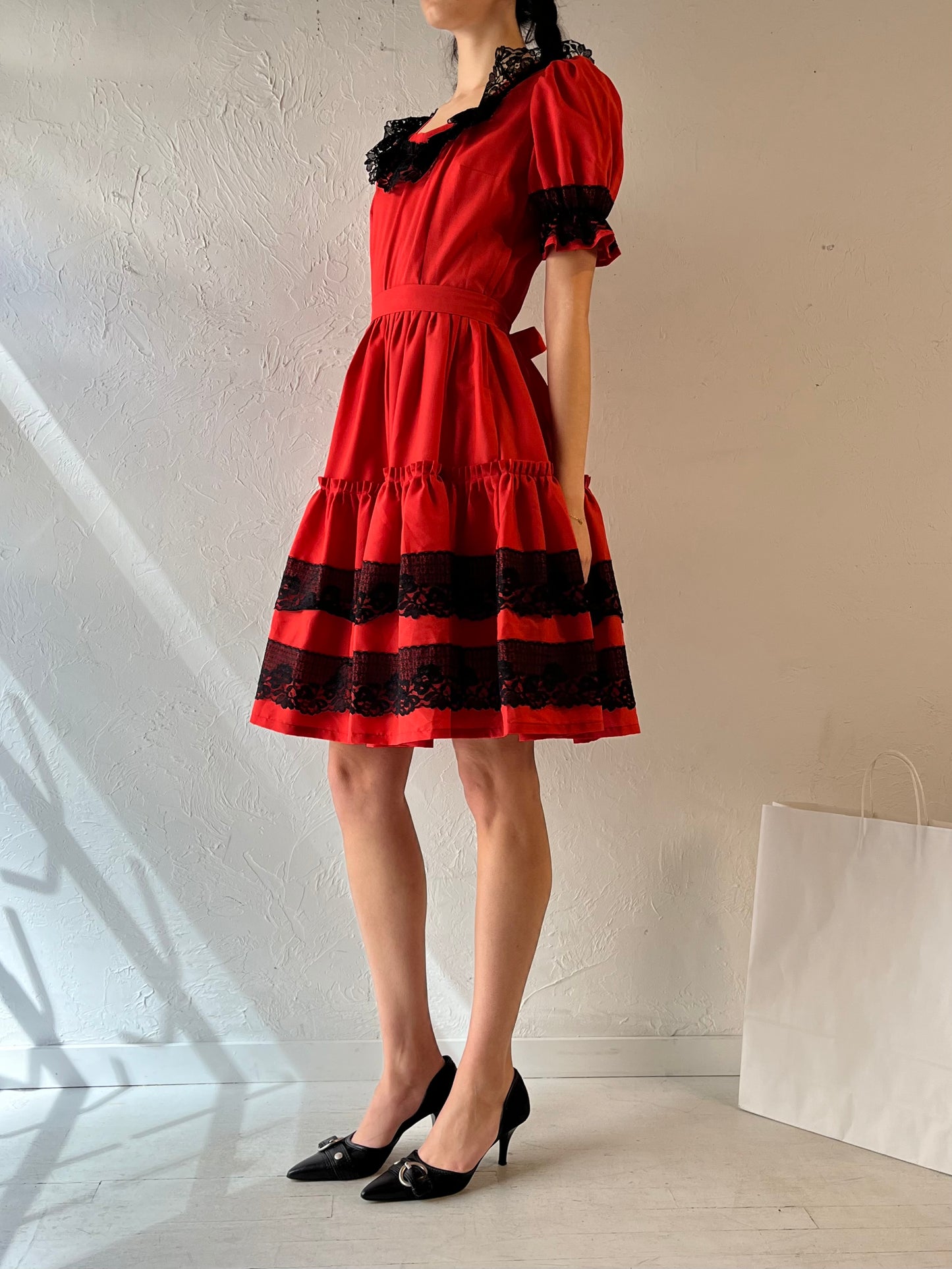 Vintage Handmade Red Puff Sleeve Dress / Small - Medium