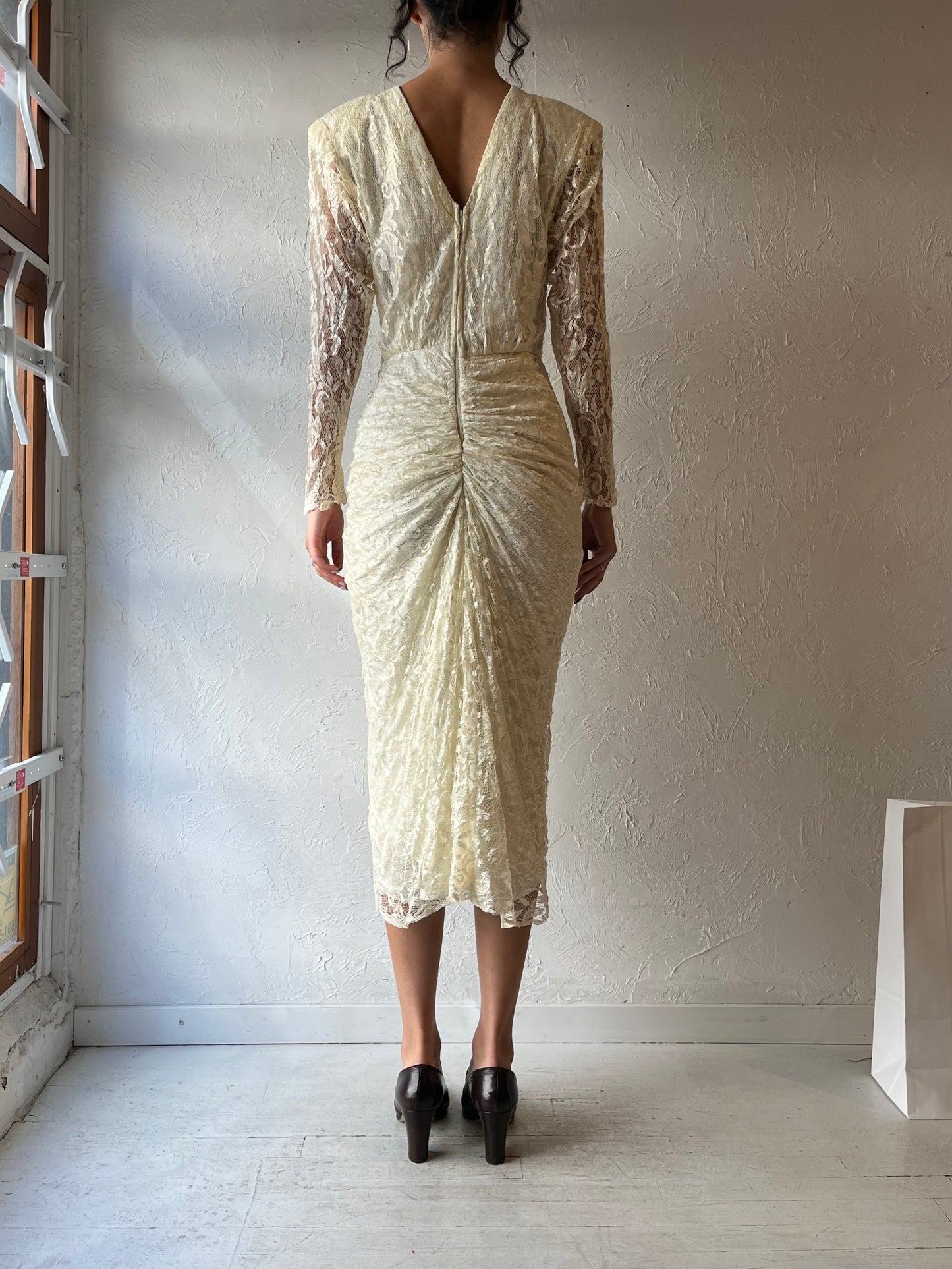 80s 'Night Moves' Cream Lace Formal Dress / Small