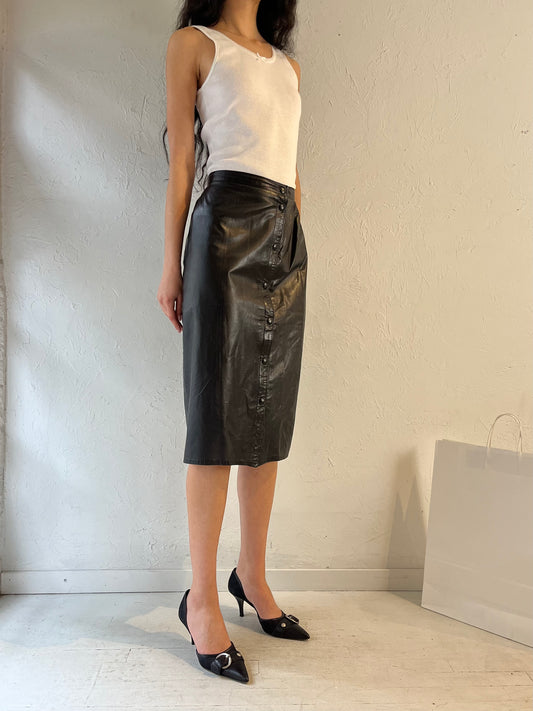 90s  Black Leather Pencil Skirt / Small