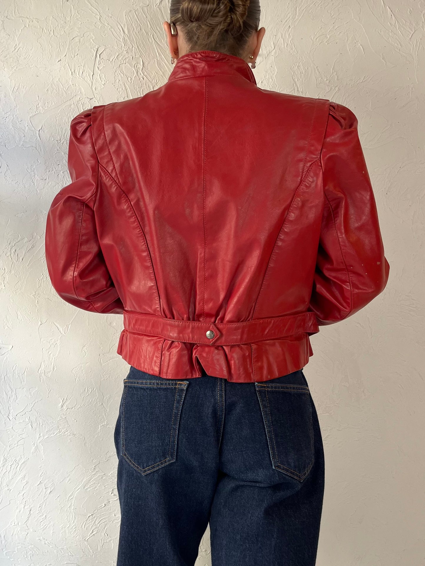 80s ‘Ada’ Cropped Red Leather Jacket / Small
