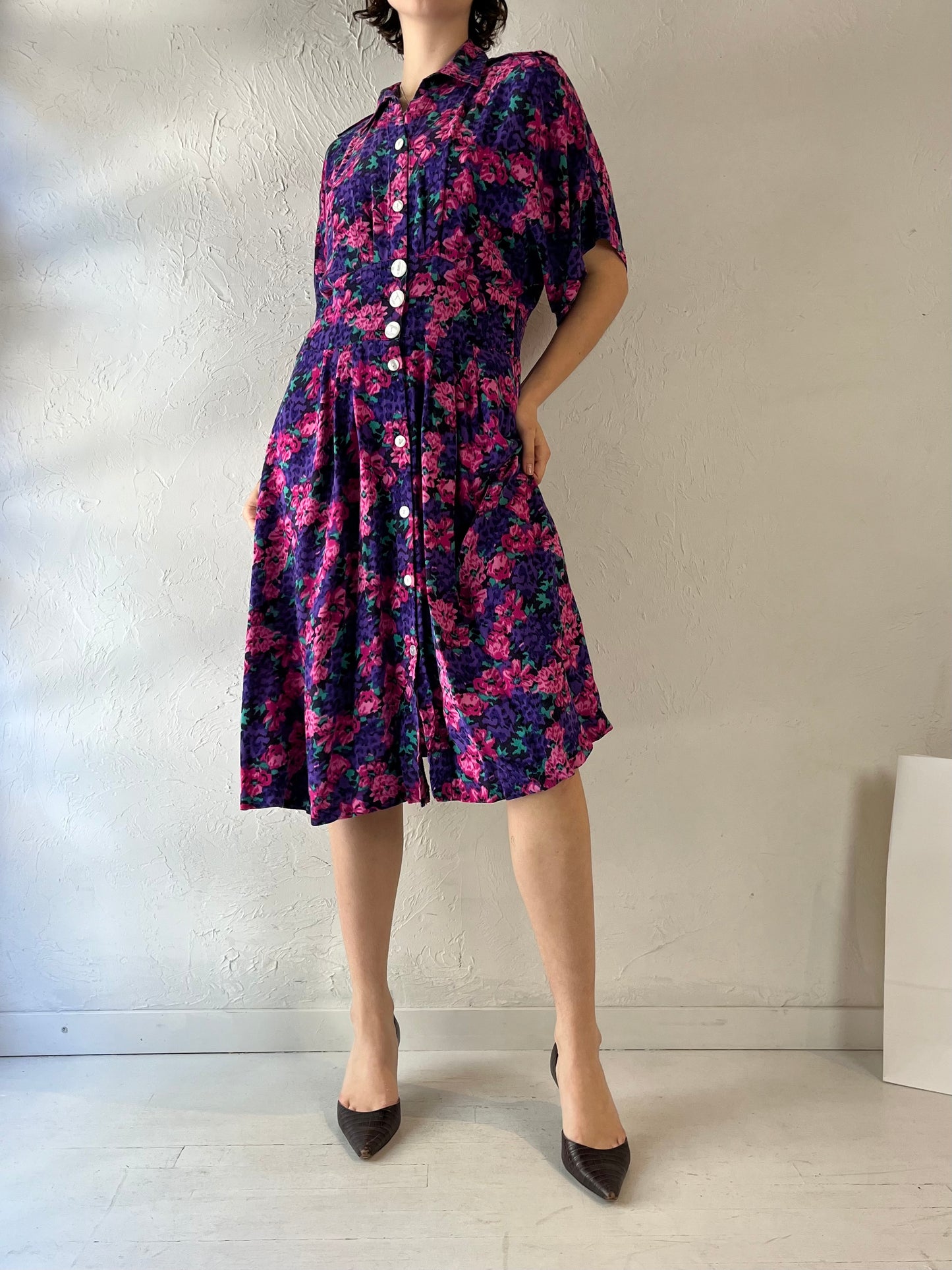 90s 'Caroline Wells' Floral Print Rayon Dress / Medium