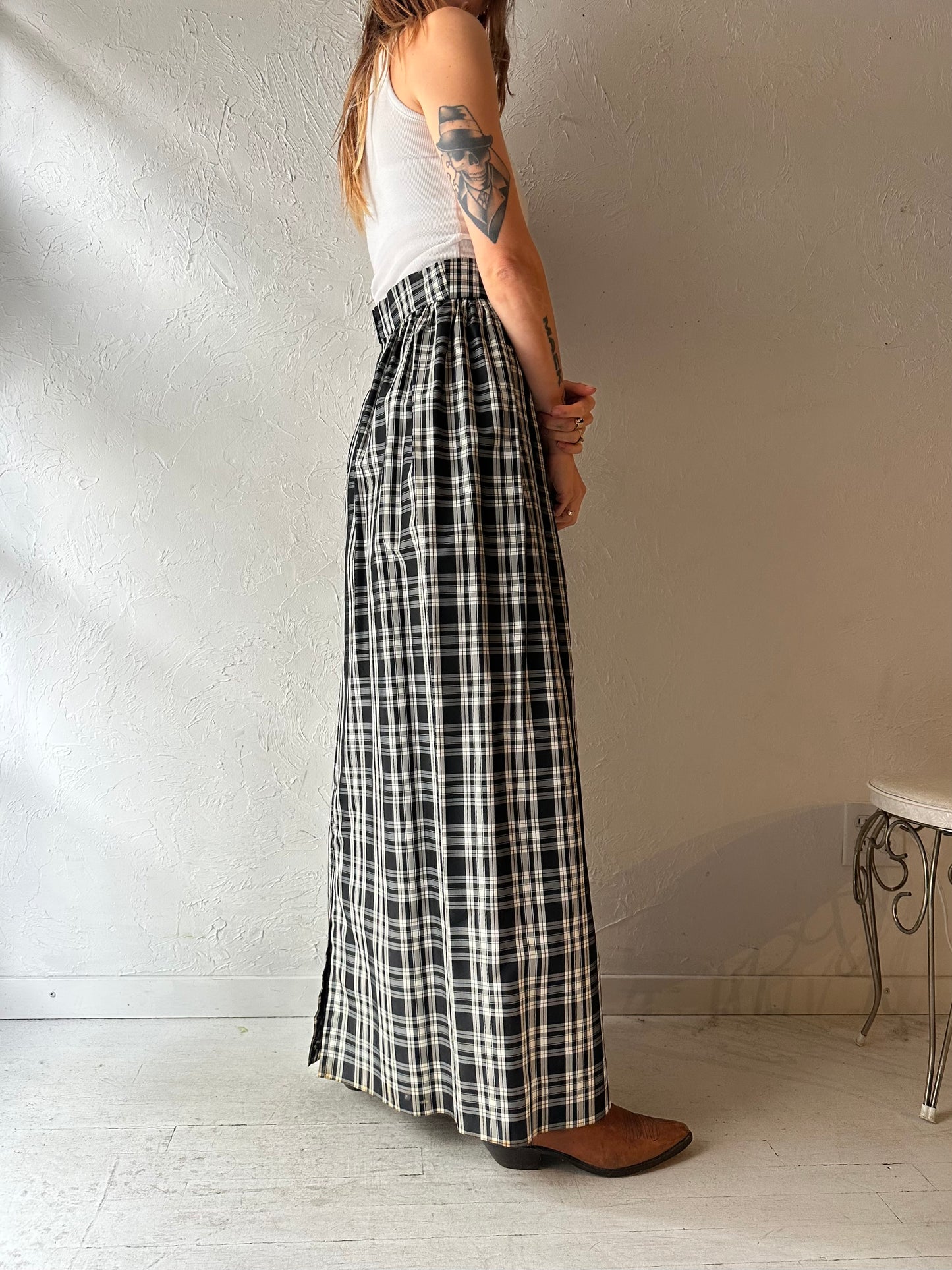 Vintage Handmade Black Plaid Maxi Skirt / Small