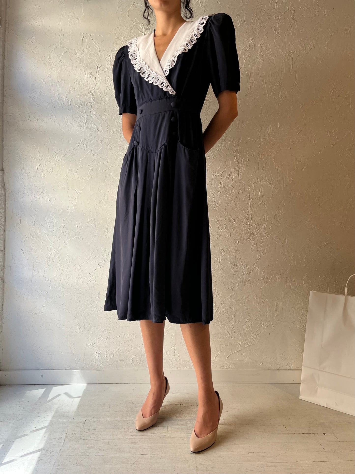 80s 'Scarlett' Black Collared Dress / Small