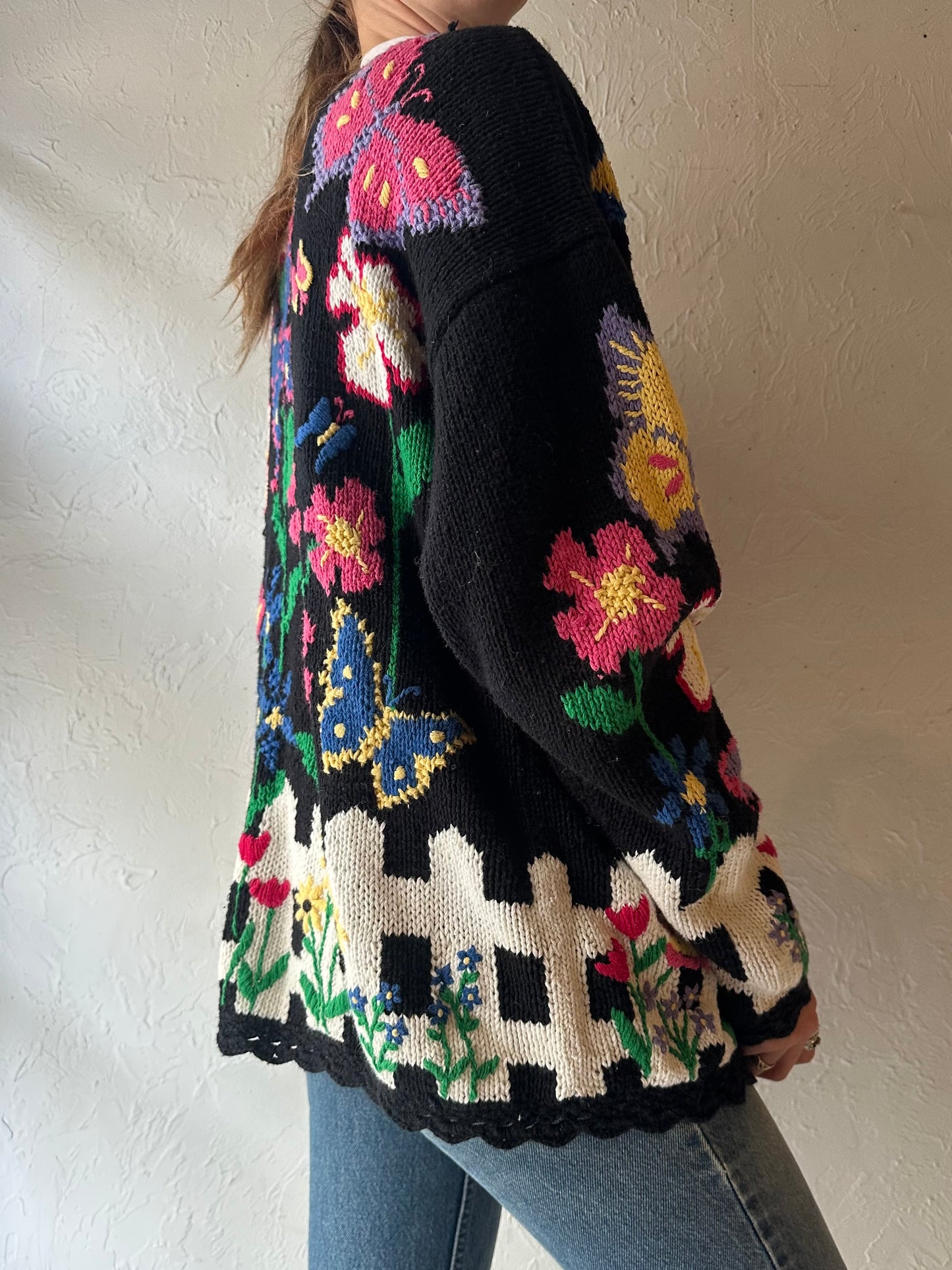 90s 'BBJ Sport' Floral Knit Cardigan Sweater / Medium