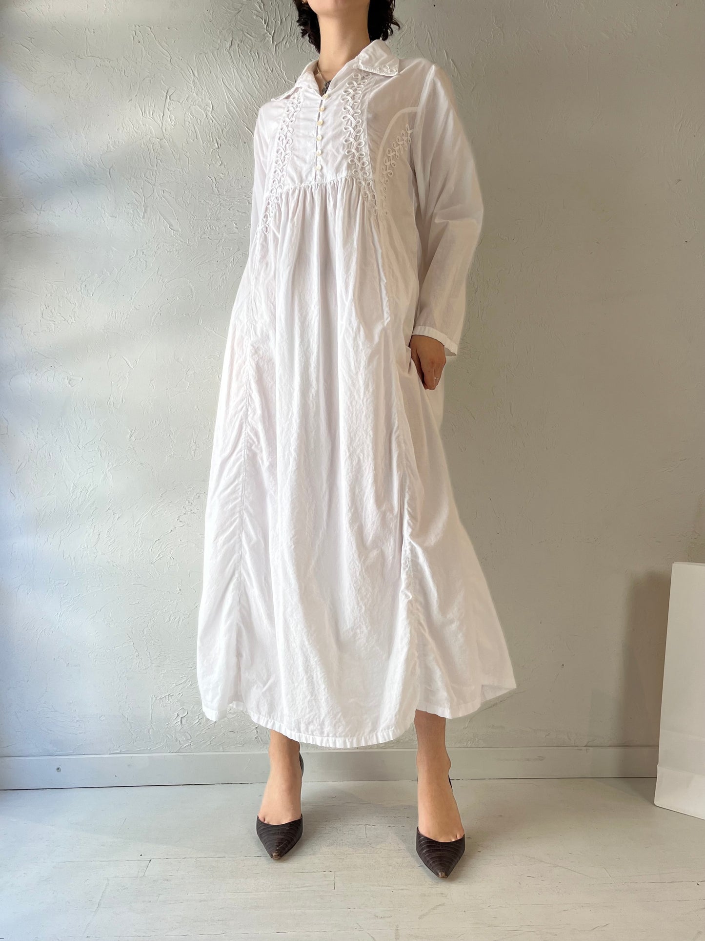 90s 'April Cornell' White Cotton Oversized Maxi Dress / Small