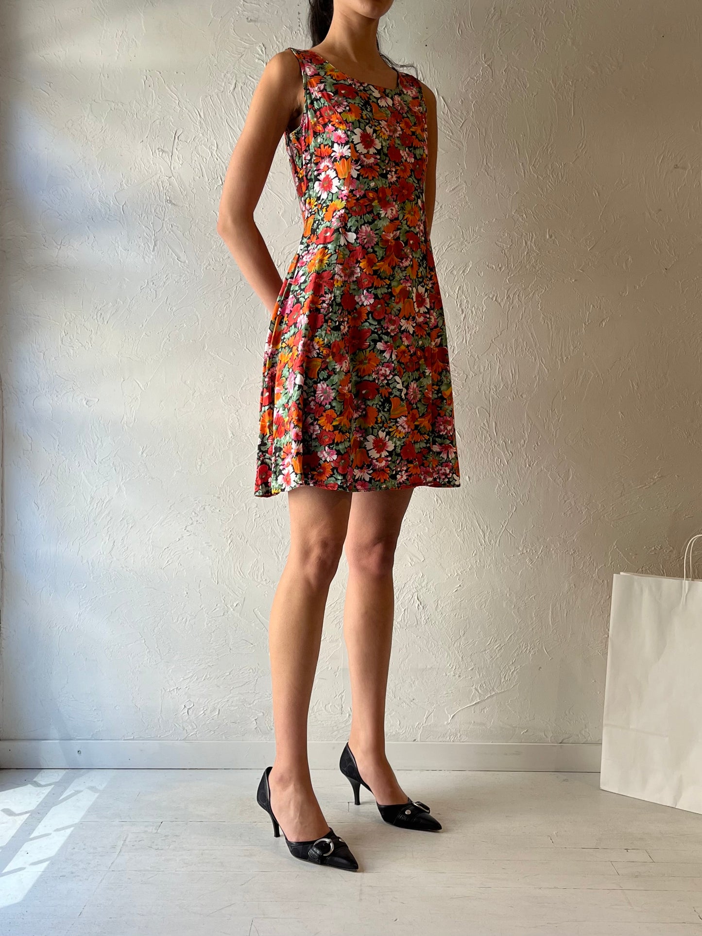 90s ‘Beechers Brook’ Orange Floral Mini Dress / Medium