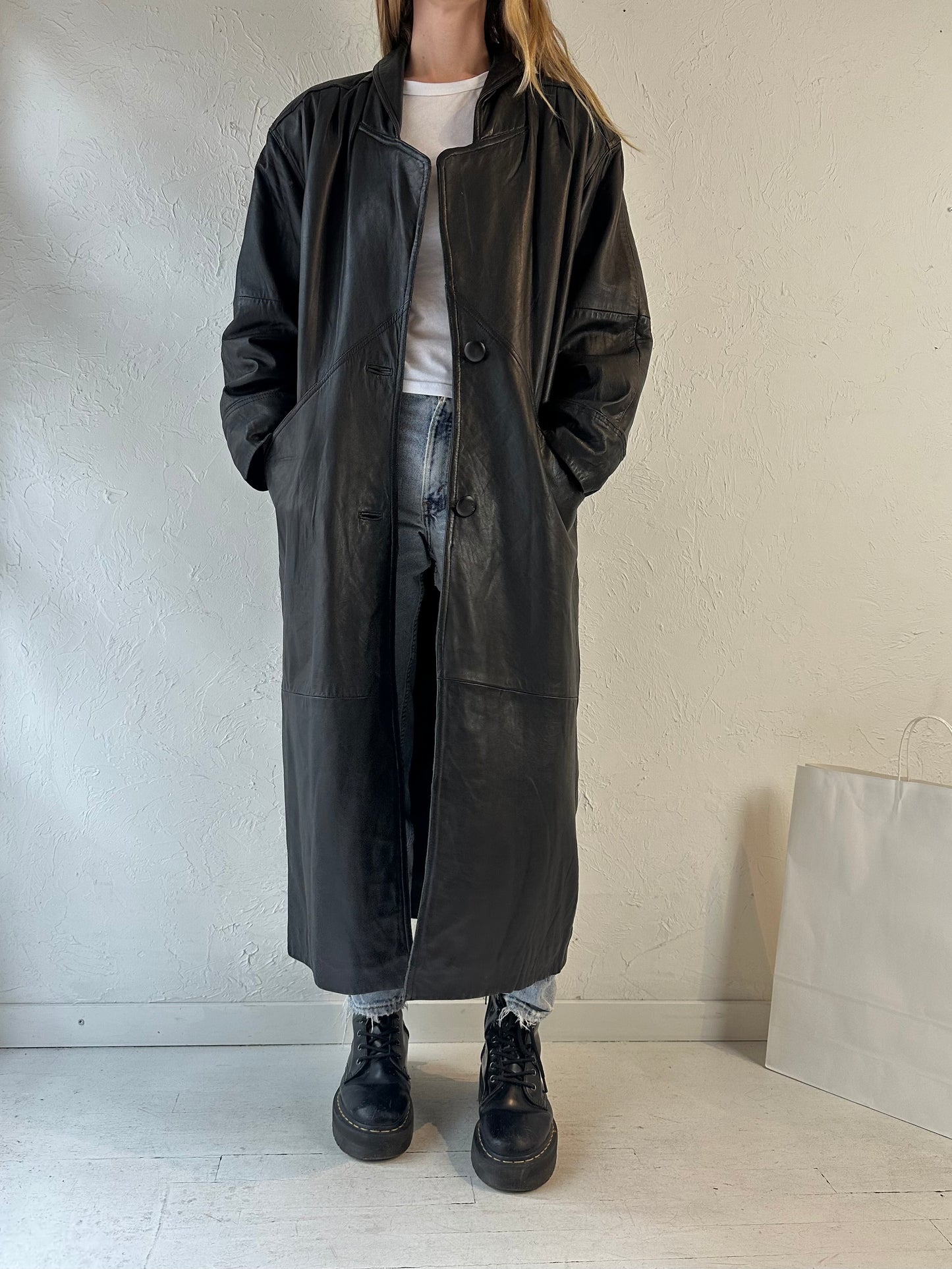 90s Black Leather Coat / Small