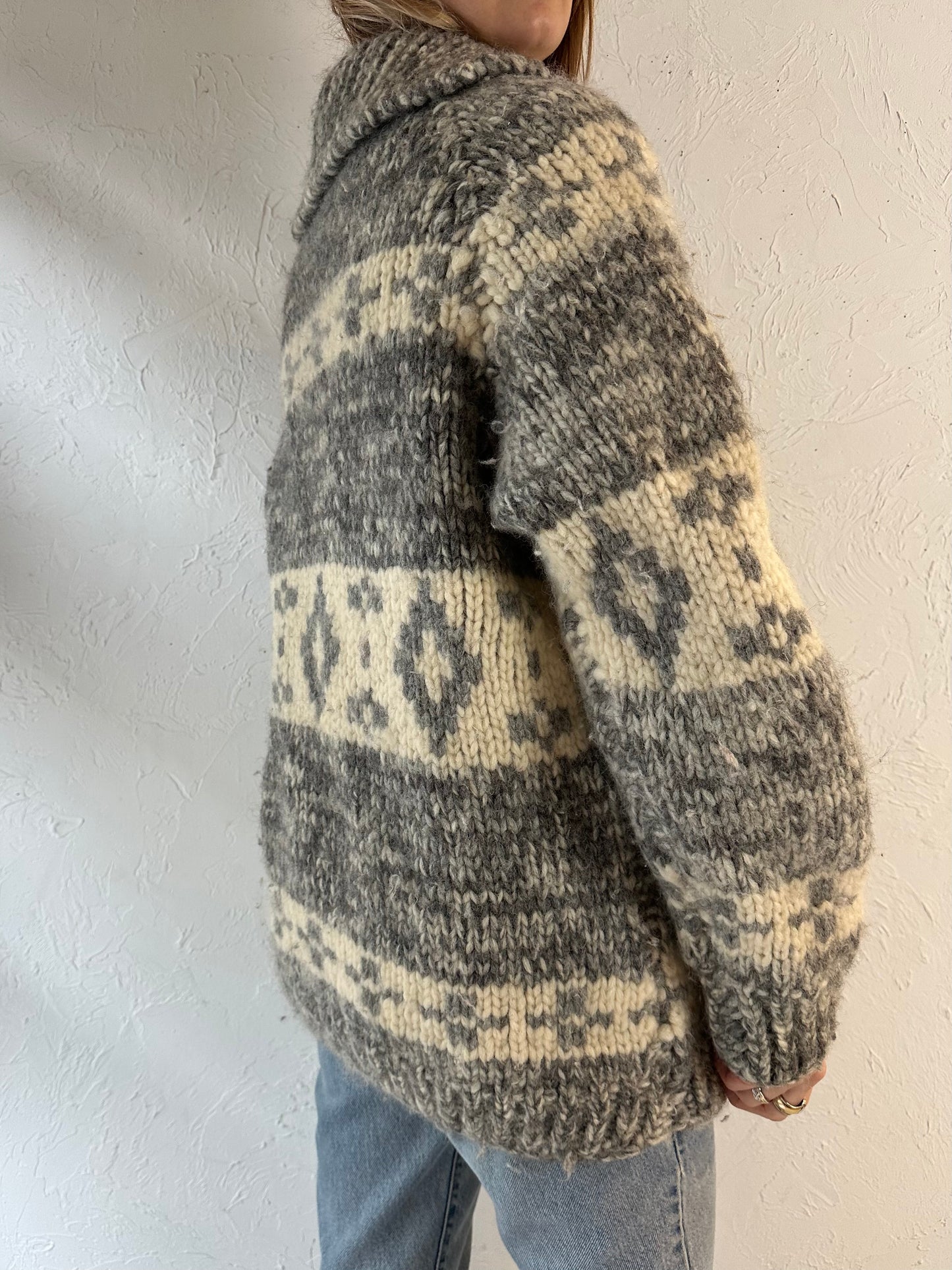 Vintage Hand Knit Gray Wool Zip Up Sweater / Medium