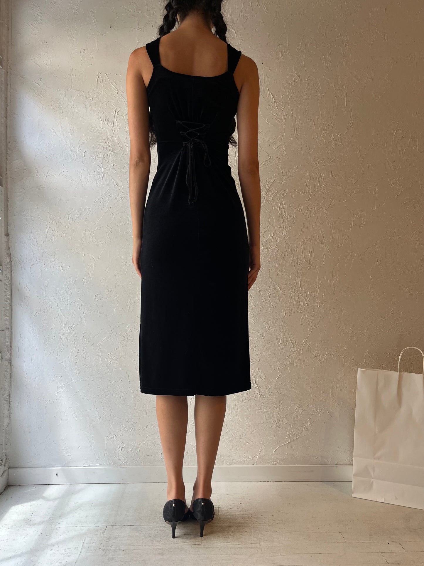 90s ‘Euro Mode’ Black Velvet Midi Dress / Small