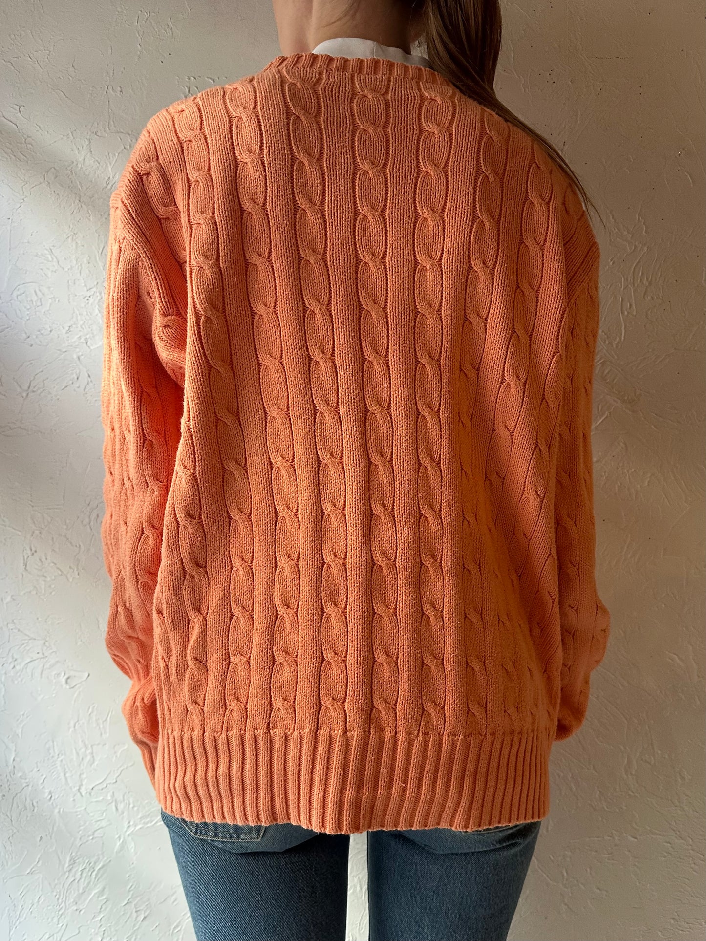 90s 'Ralph Lauren' Orange Cable Knit Cotton Sweater / Large