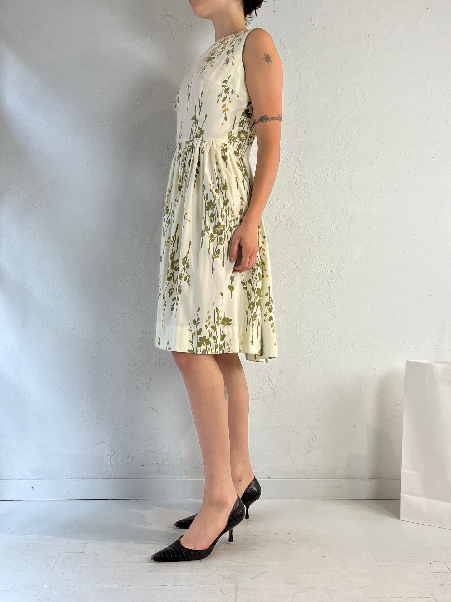80s Cream Floral Midi Dress / Small
