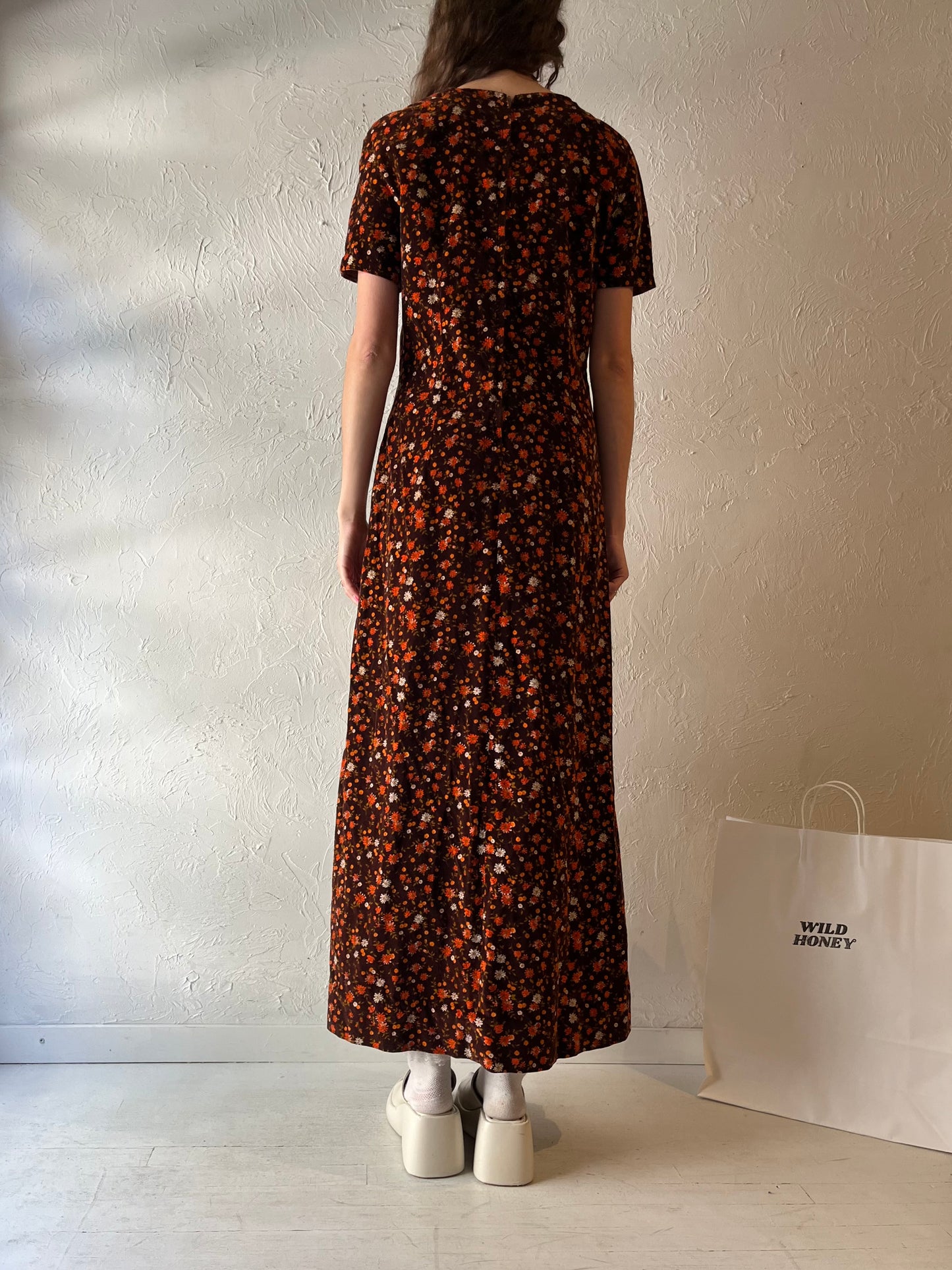 Vintage Handmade Brown Velvet Floral Dress / Medium