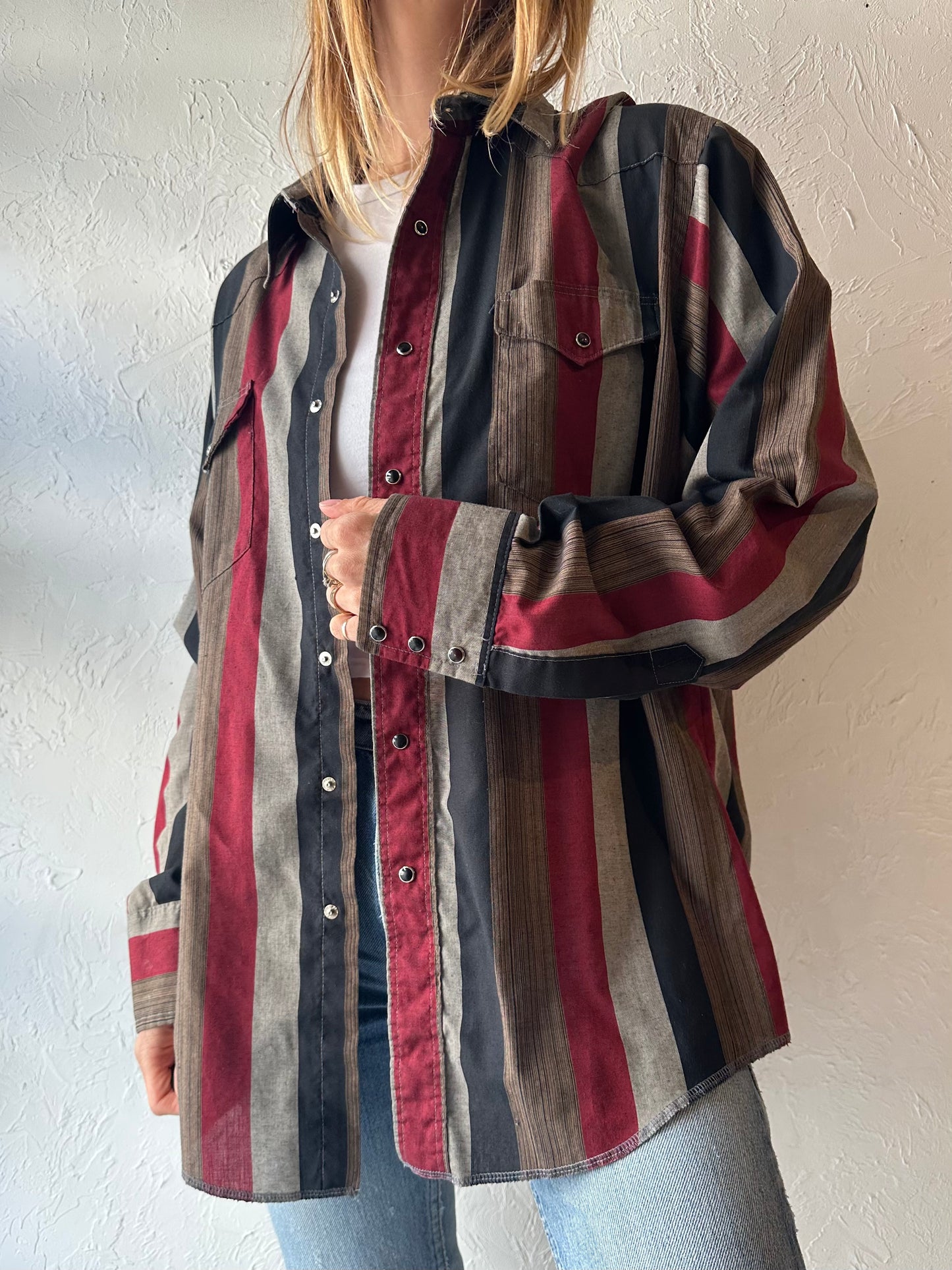 90s ‘Wrangler’ Striped Western Snap Up Shirt / Large