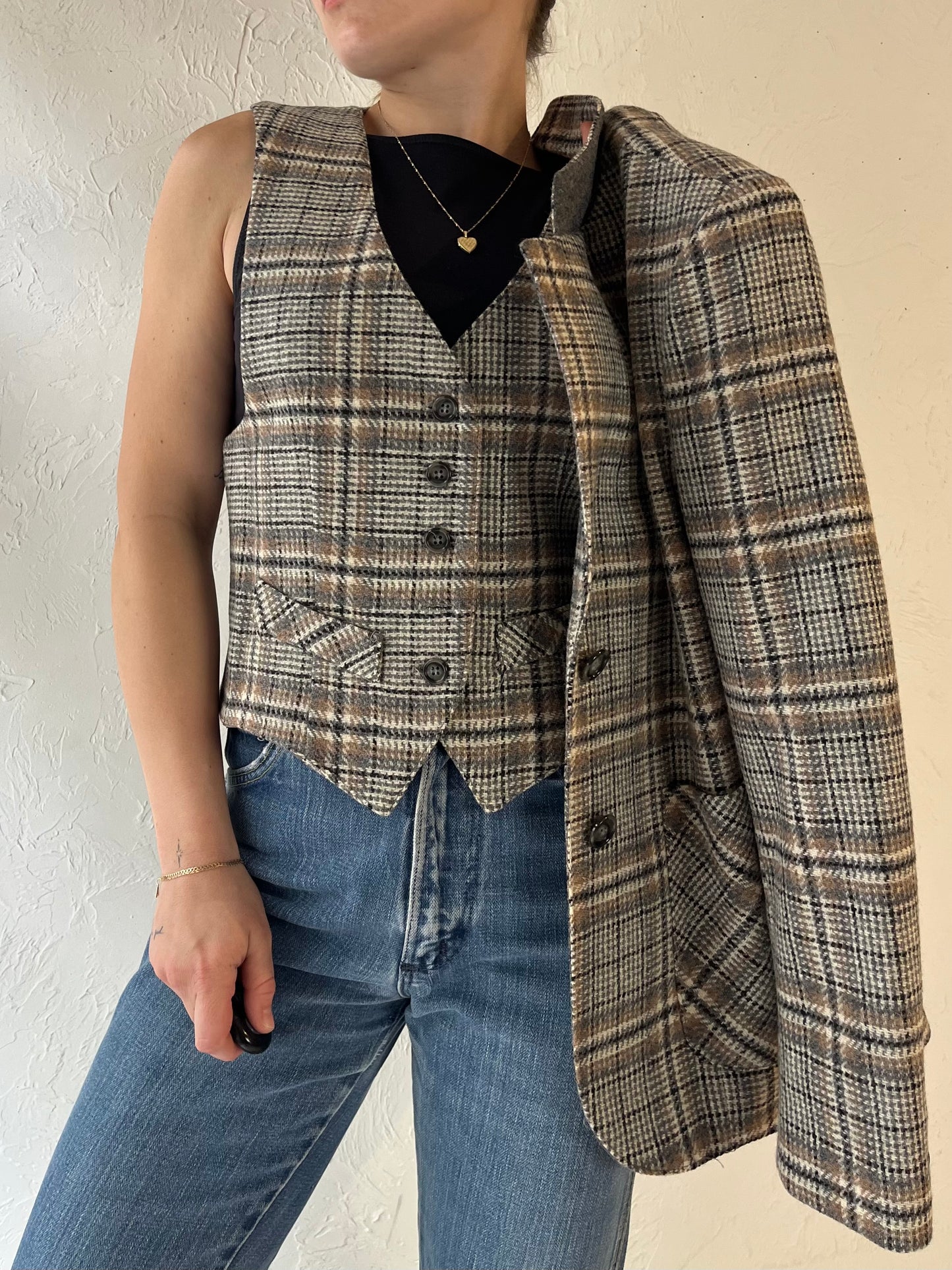 70s 'Prestige' Plaid Blazer Vest Set / Union Made / Small