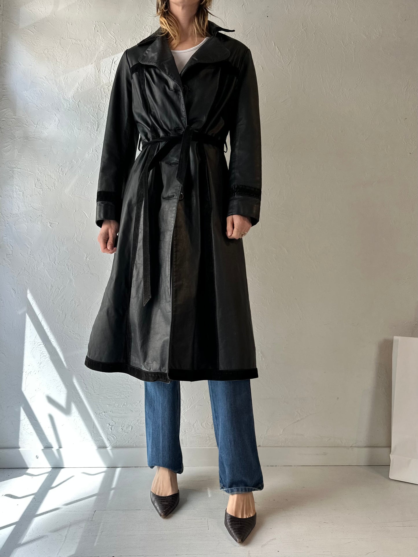 Vintage 'Sears' Black Leather Trench Coat / Small