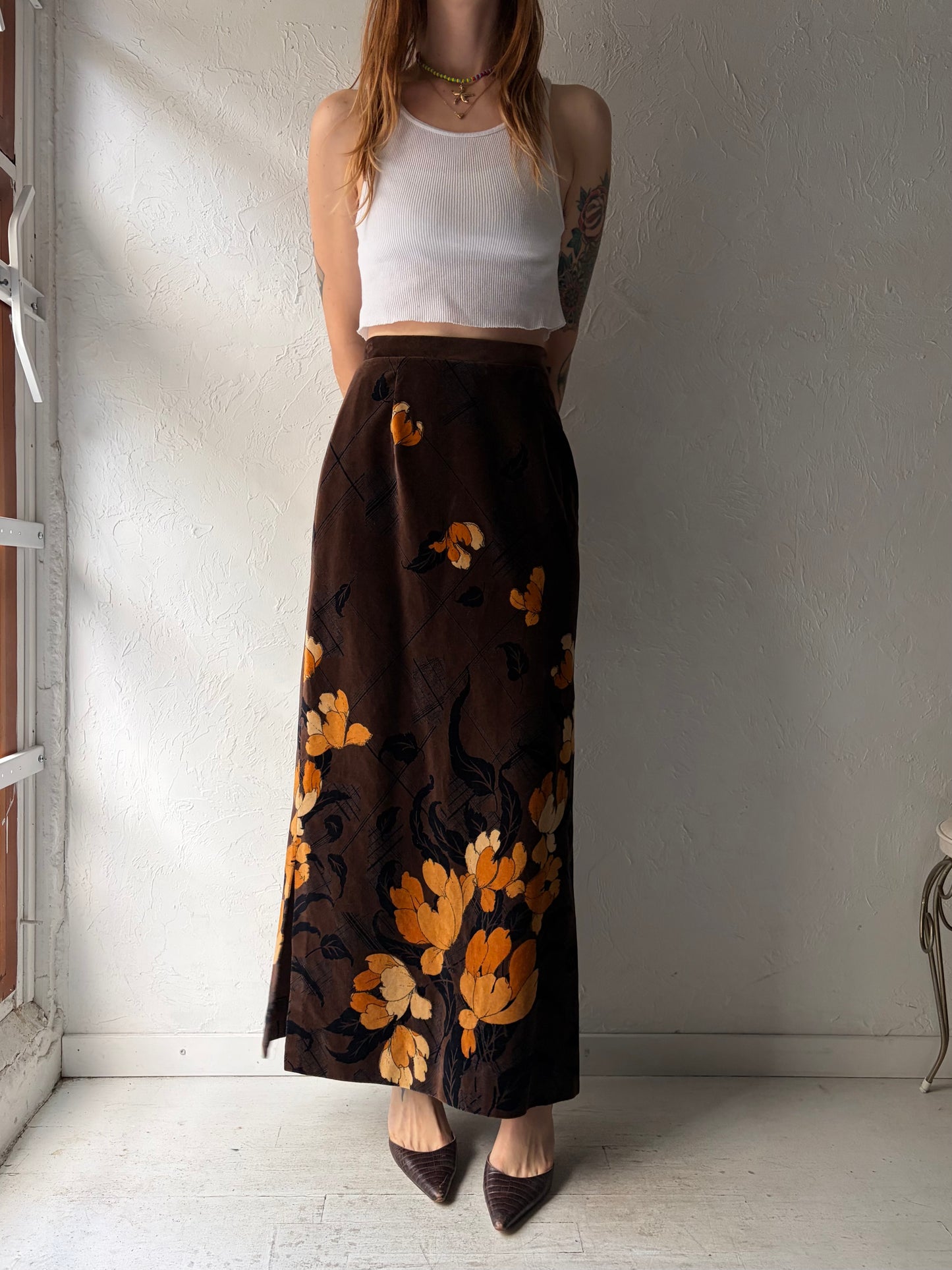 70s 'Tan Jay' Brown Velvet Floral Maxi Skirt / Small