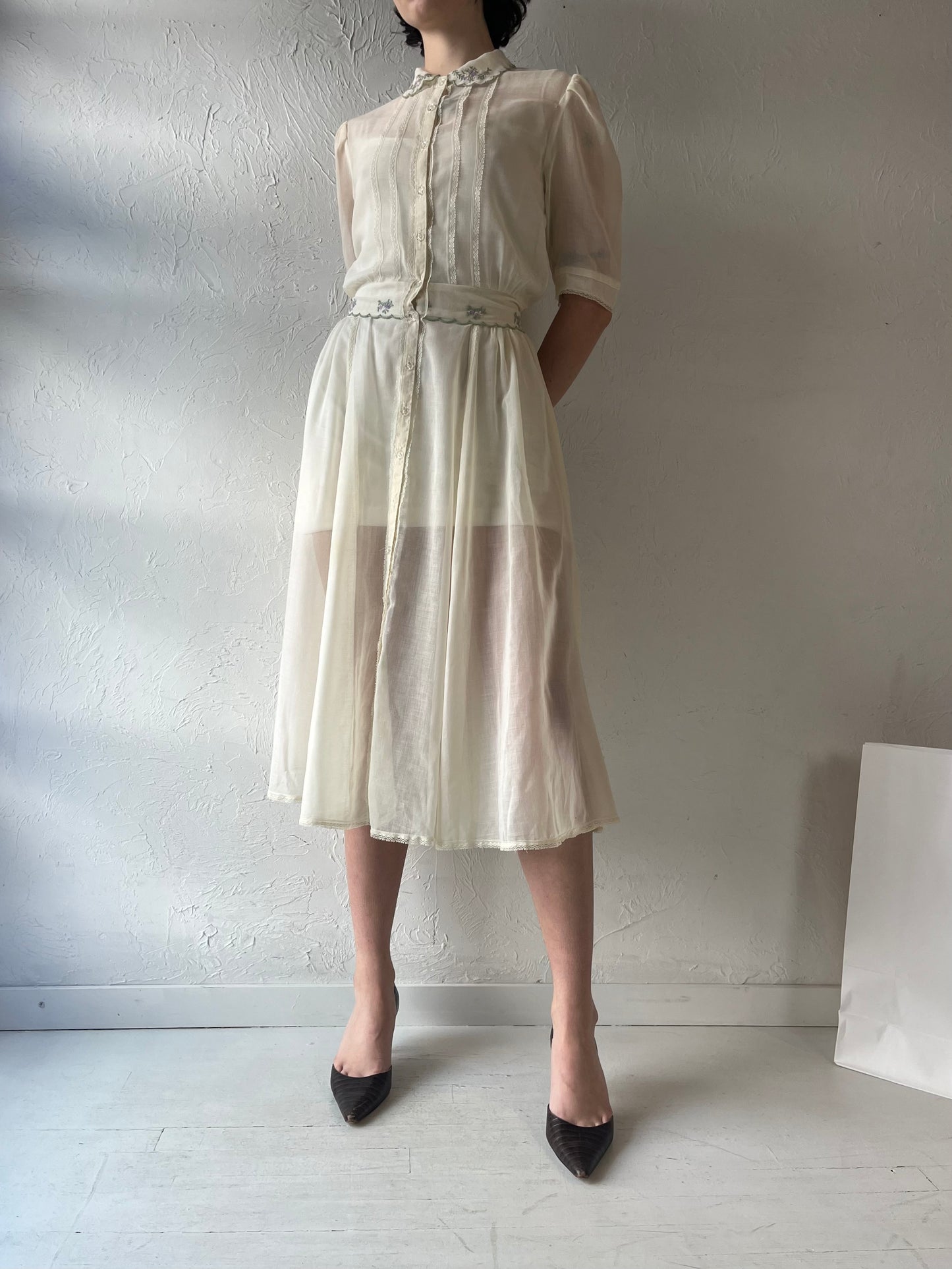 70s 'Gunne Sax' Sheer Cream Cotton Dress / Small