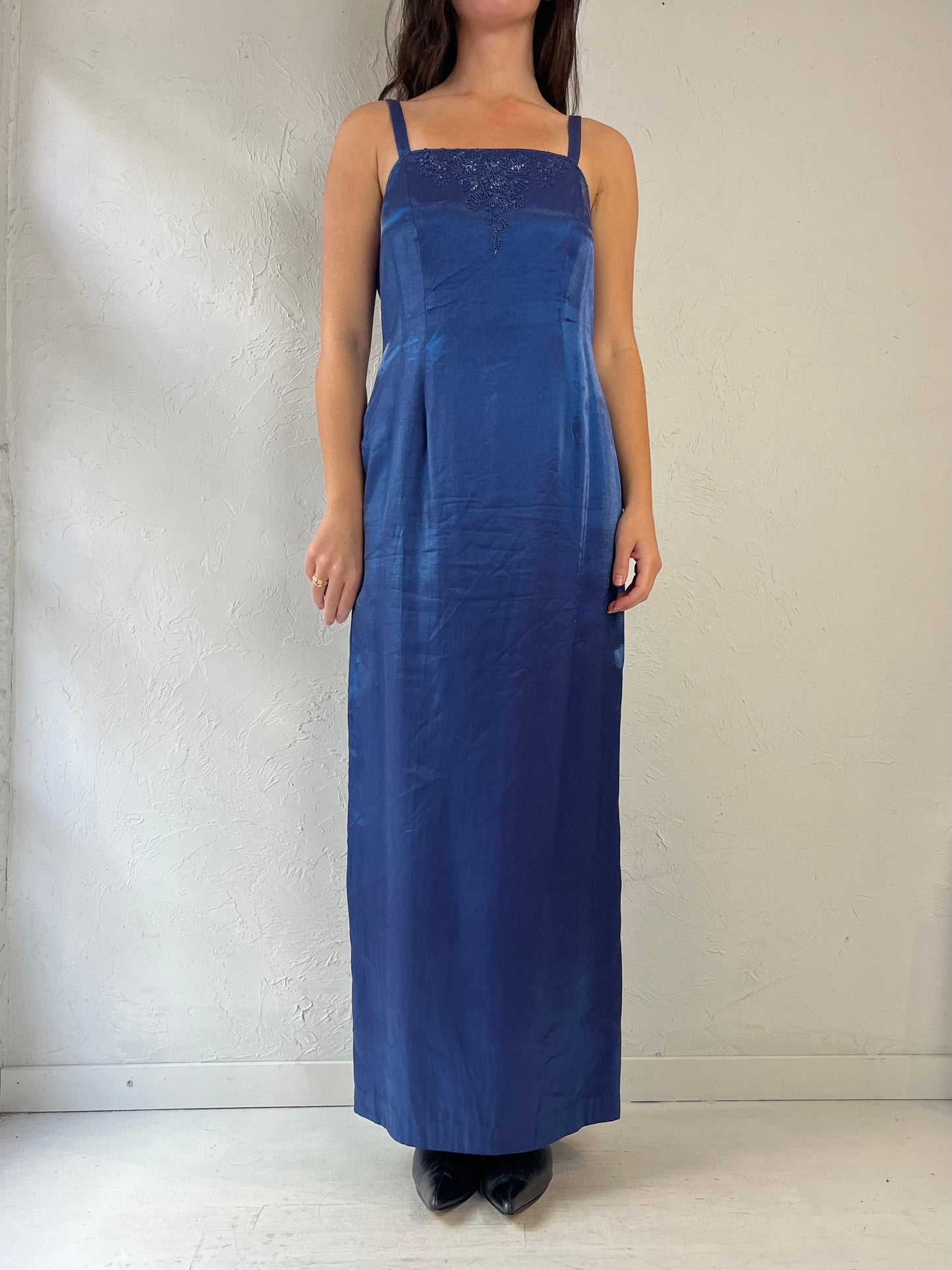 90s 'Alex' Blue Sleeveless Evening Dress / Medium