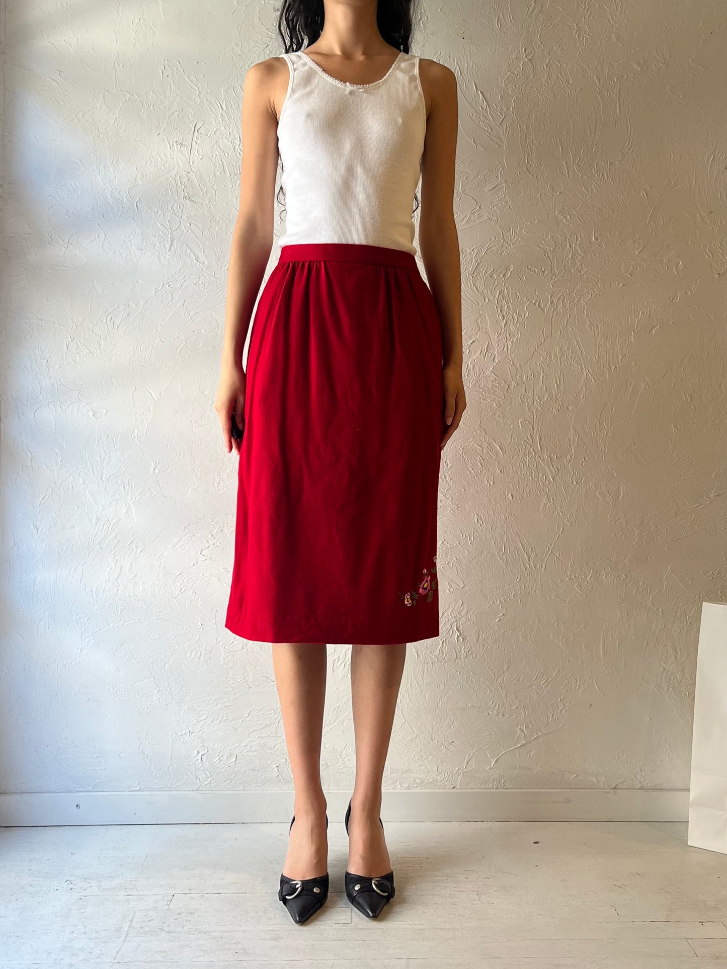 80s ‘Koret’ Red Wool Midi Skirt / Small