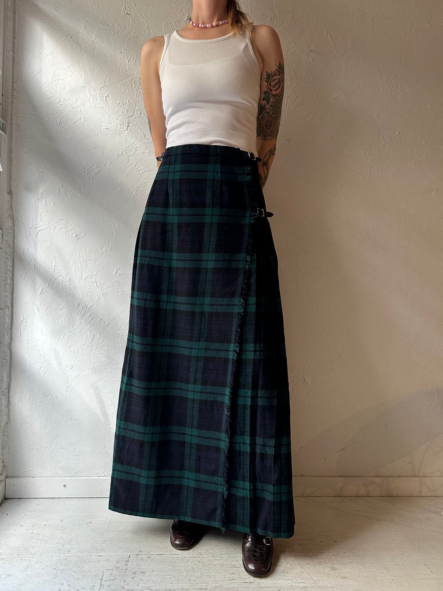 90s 'Laird-Portch' Pleated Navy Blue Plaid Wool Maxi Skirt / Small