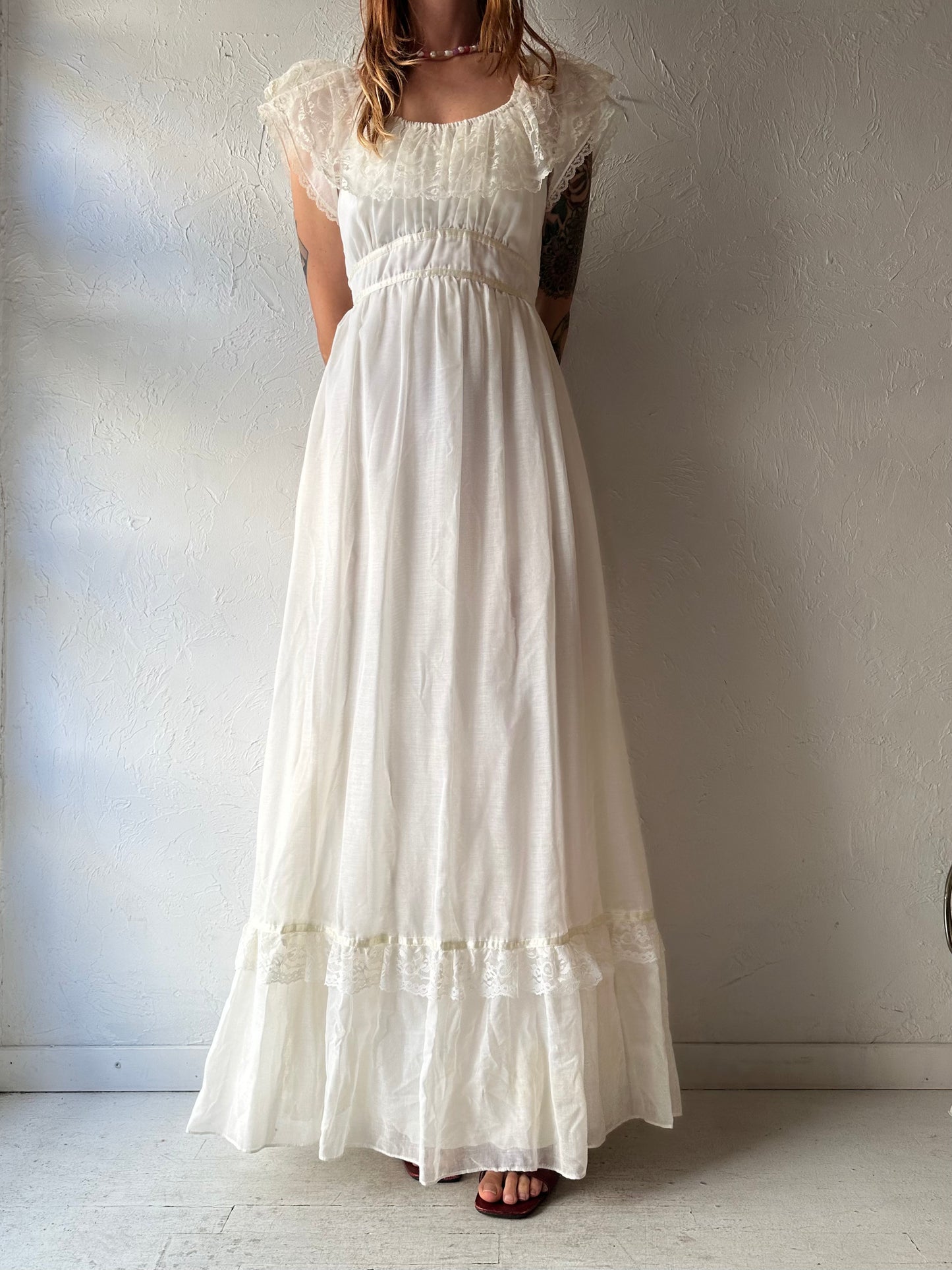 70s White Prairie Peasant Maxi Dress / Small