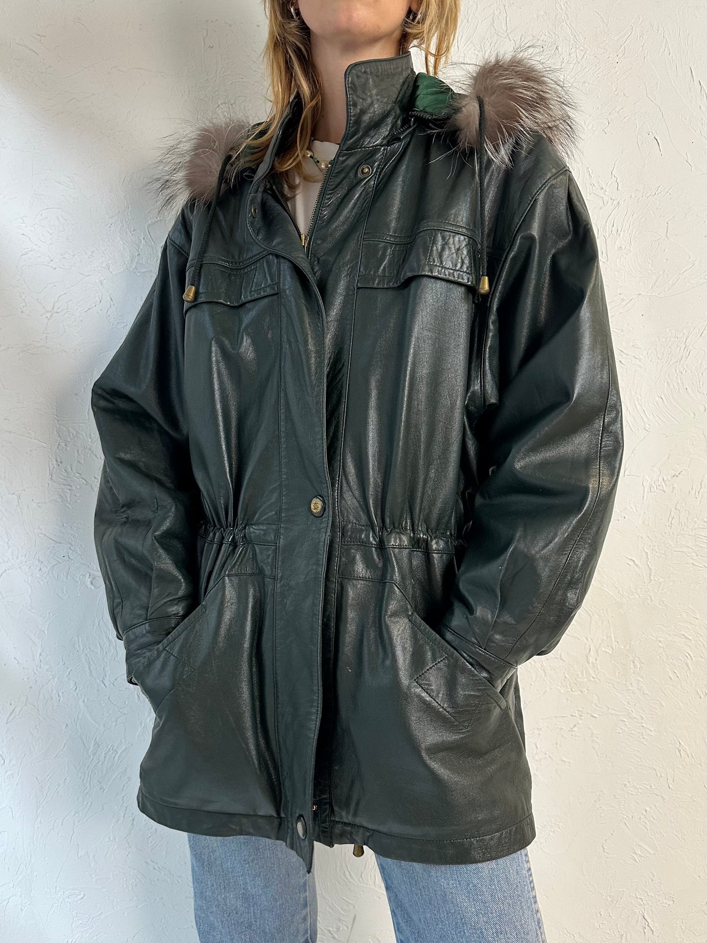 Y2k 'New Trend' Green Leather Drawstring Jacket / Medium