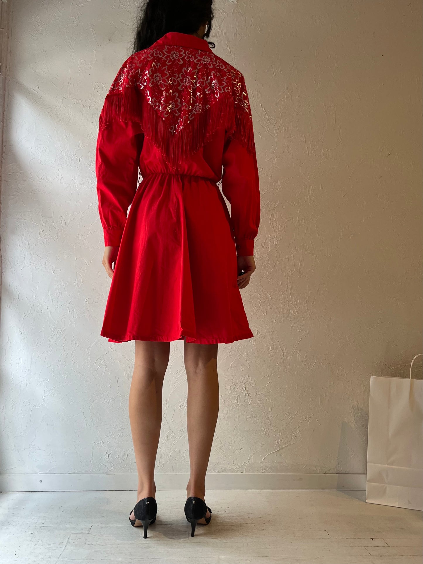 80s ‘Lila Suilty’ Red Western Fringe Dress / Small