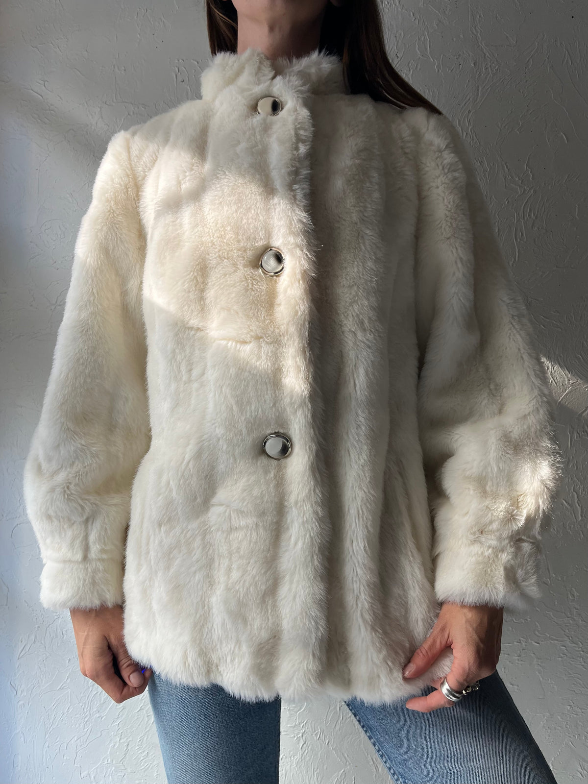 80s 'Sears' White Faux Fur Plush Minimalist Winter Jacket / Union Made / Small