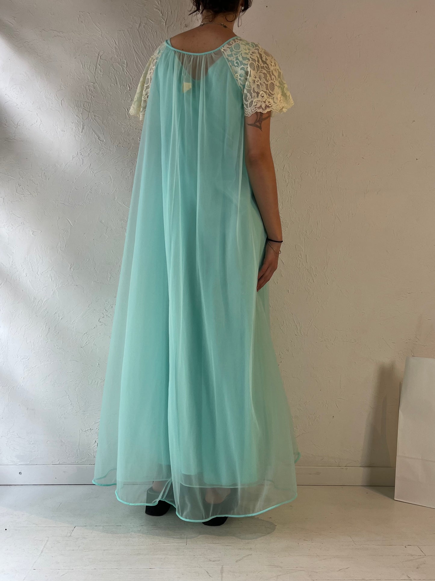 80s 'Linda Lingerie' Blue Night Gown Robe Set / Small - Medium