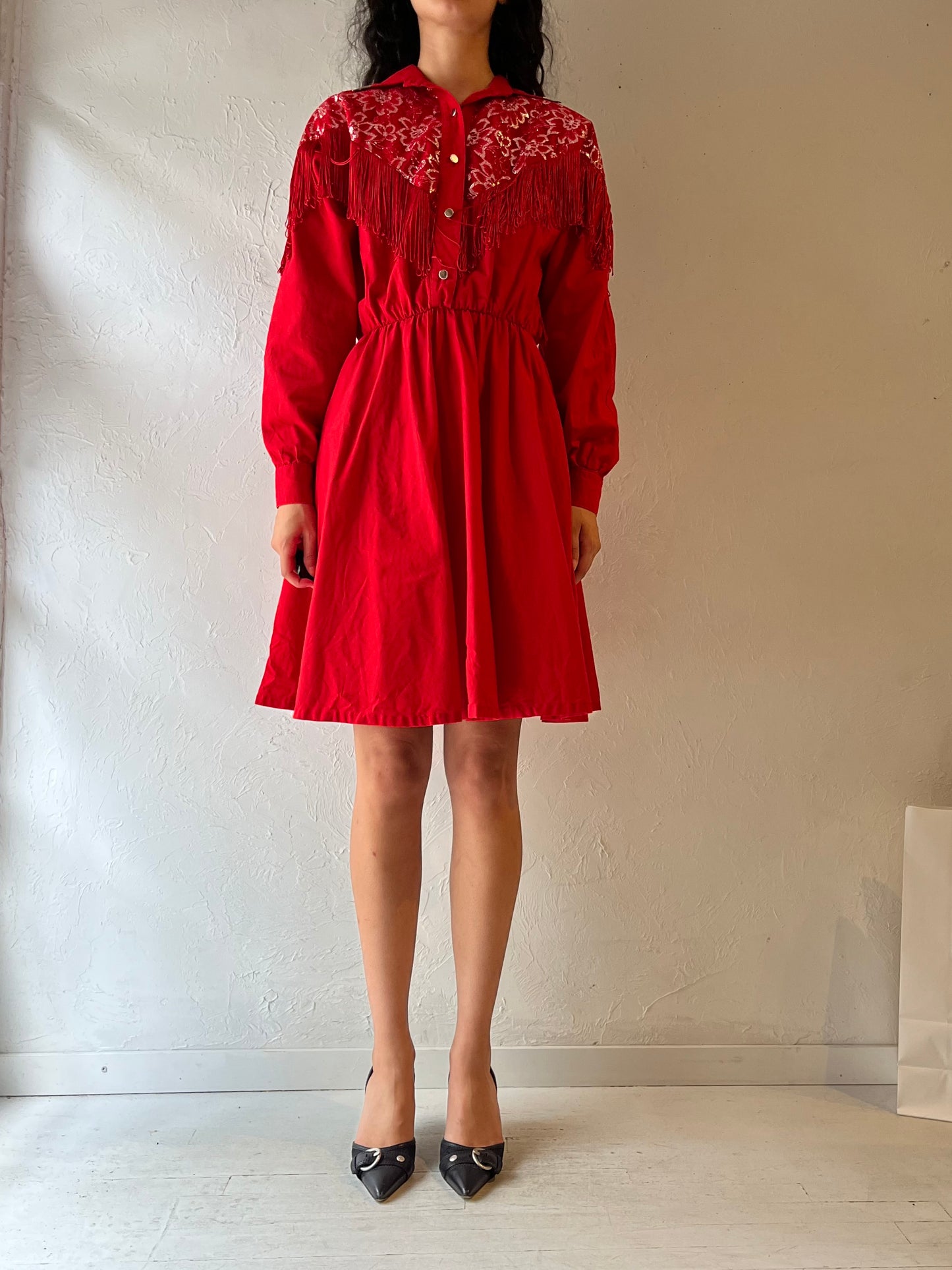 80s ‘Lila Suilty’ Red Western Fringe Dress / Small