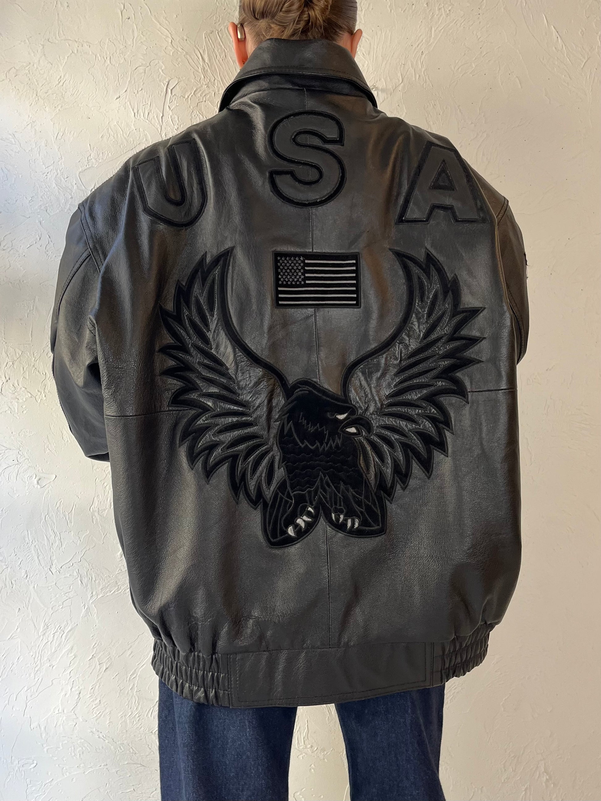 90s ‘USA’ Black Leather Bomber Jacket / XL