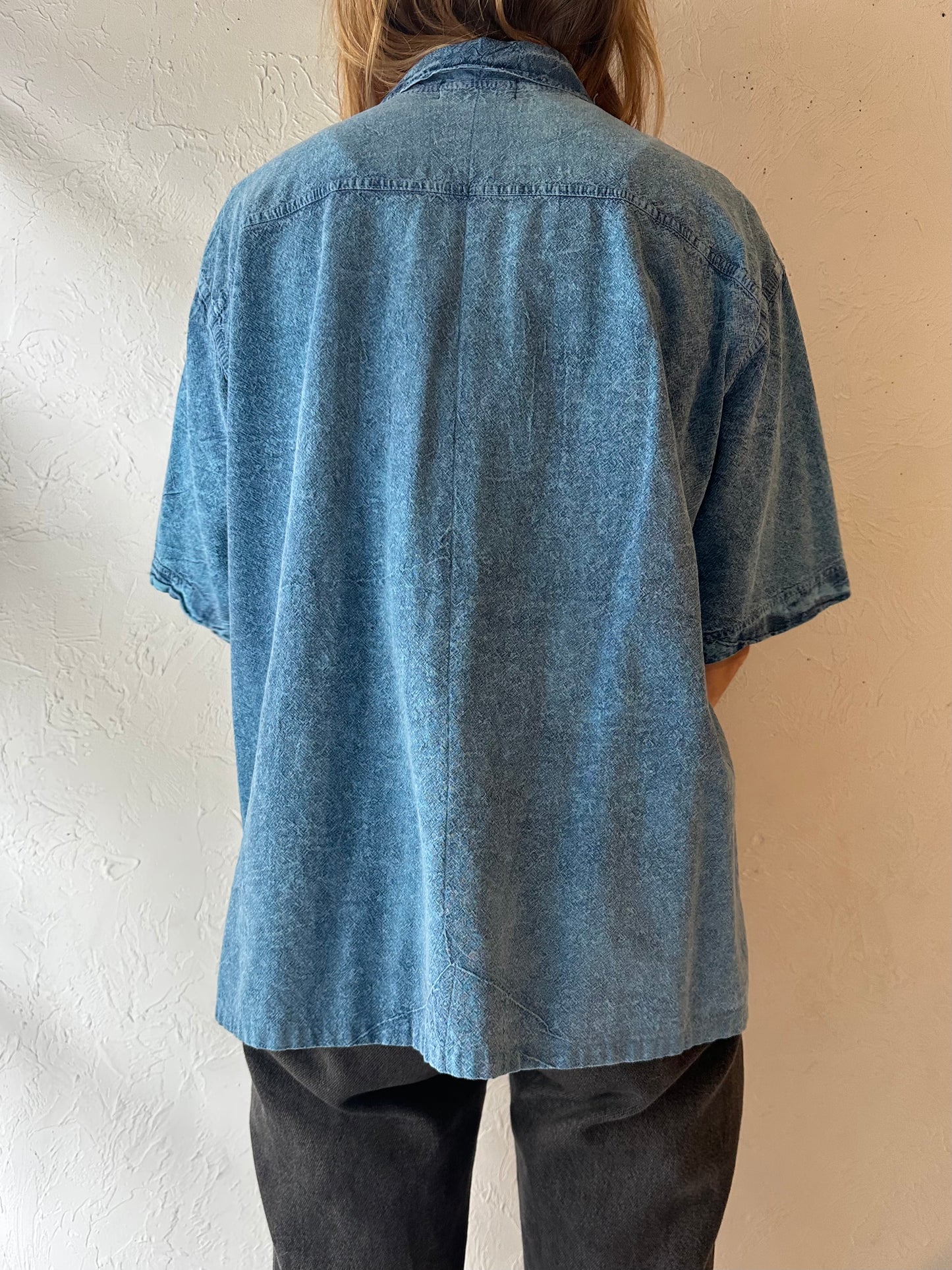90s 'Ezze Wear' Blue Snap Button-Up T-Shirt / Large
