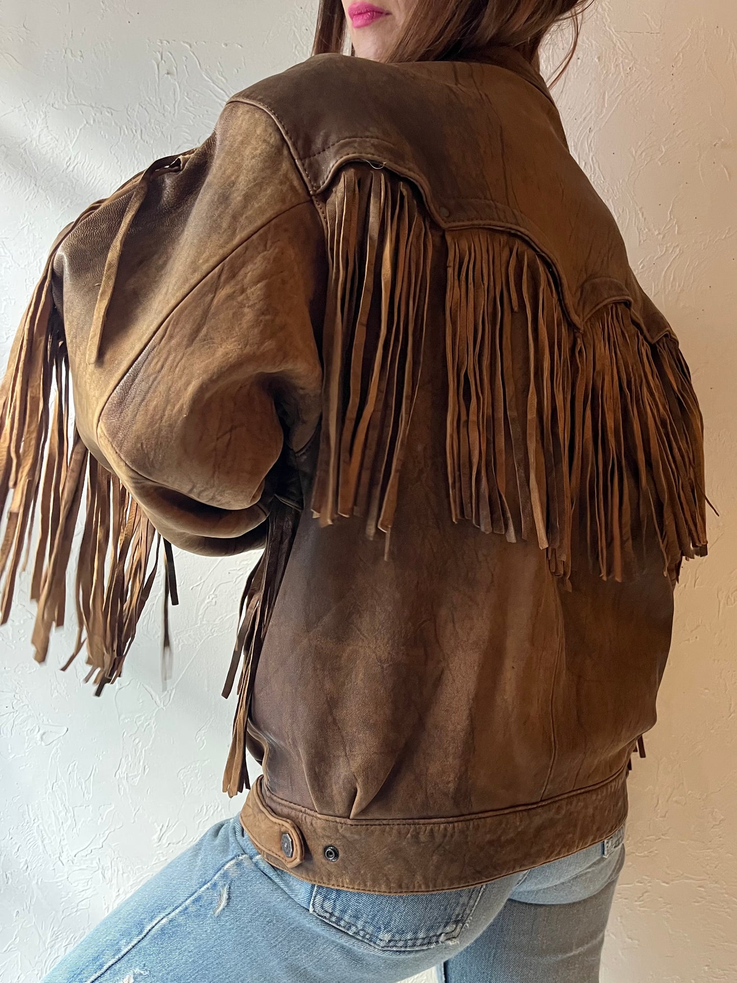 80s ‘Mirage’ Brown Fringe Leather Bomber Jacket / Medium