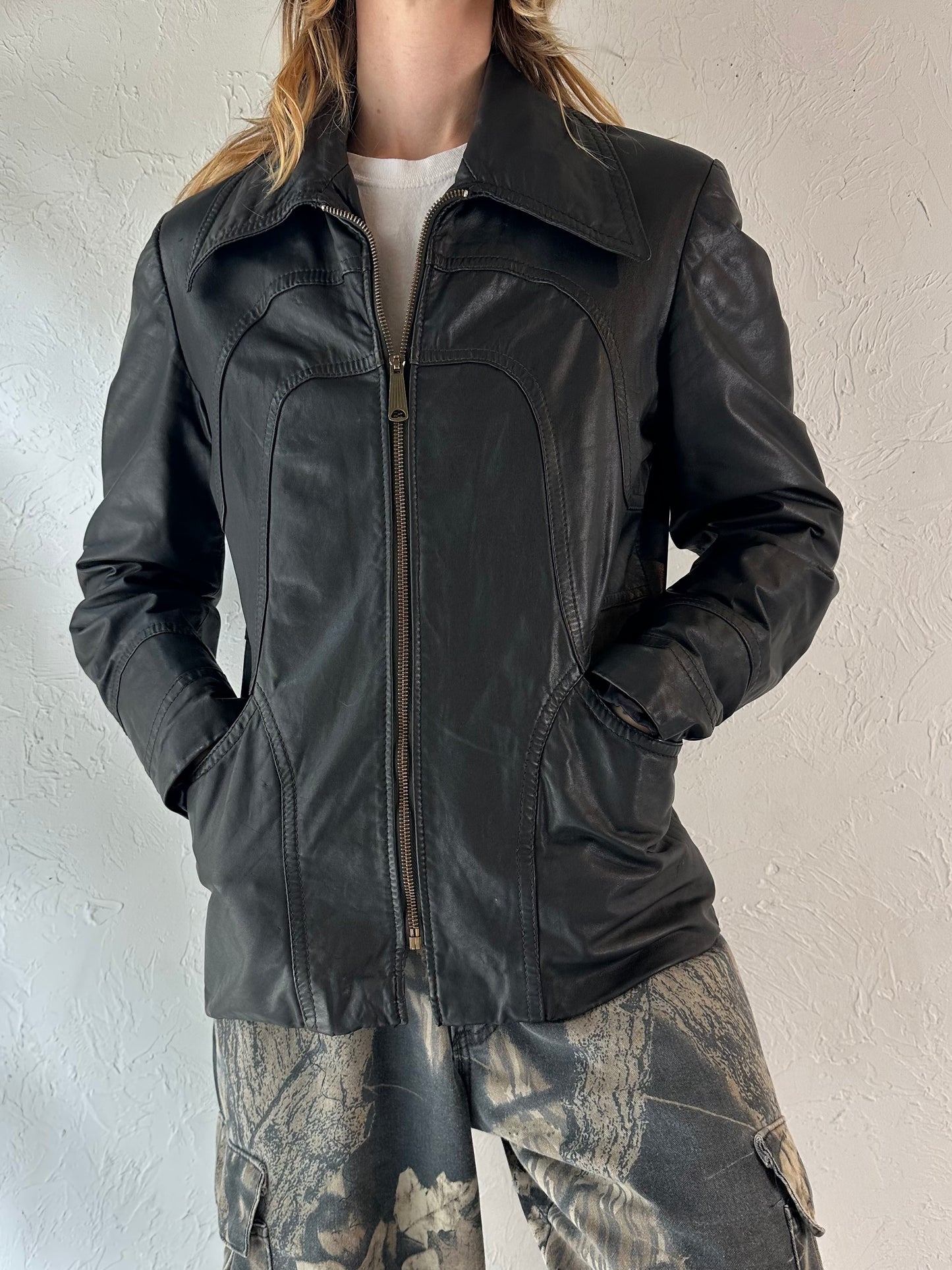 90s 'Vany' Black Leather Jacket / Medium