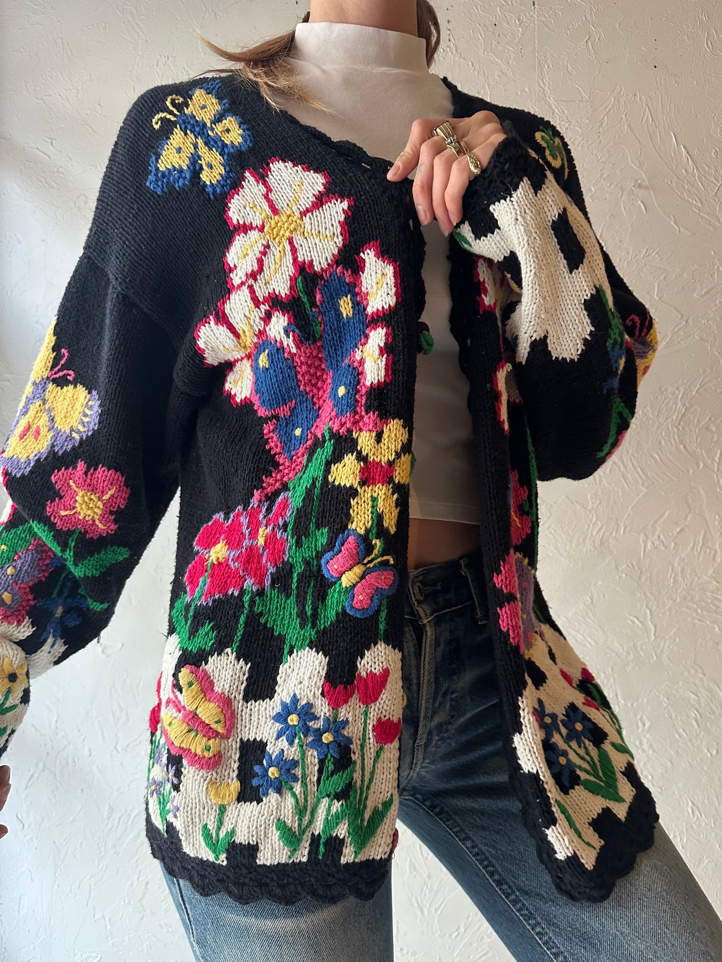 90s 'BBJ Sport' Floral Knit Cardigan Sweater / Medium