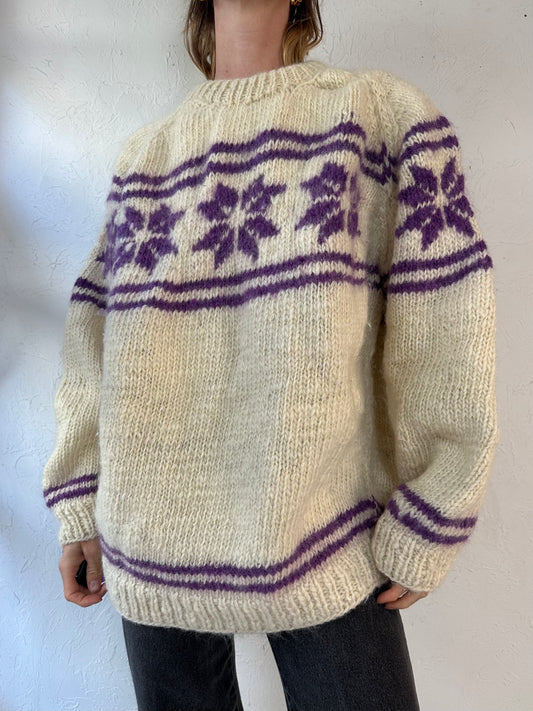 Vintage White and Purple Hand Knit Wool Sweater / XL