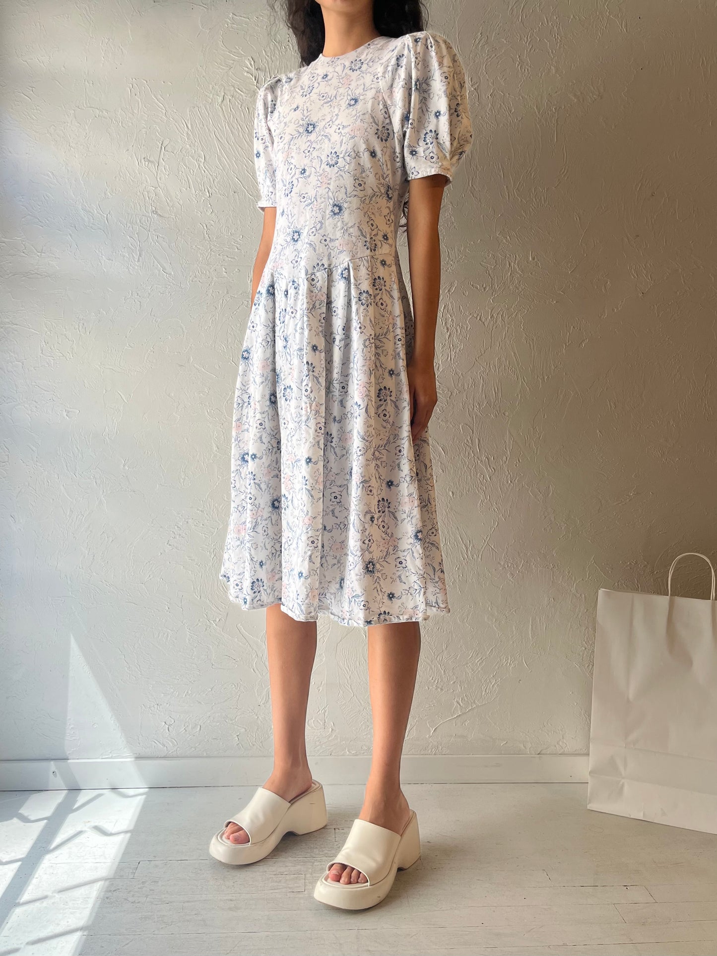 90s ‘Byer Too’ White Floral Puff Sleeve Dress / Medium