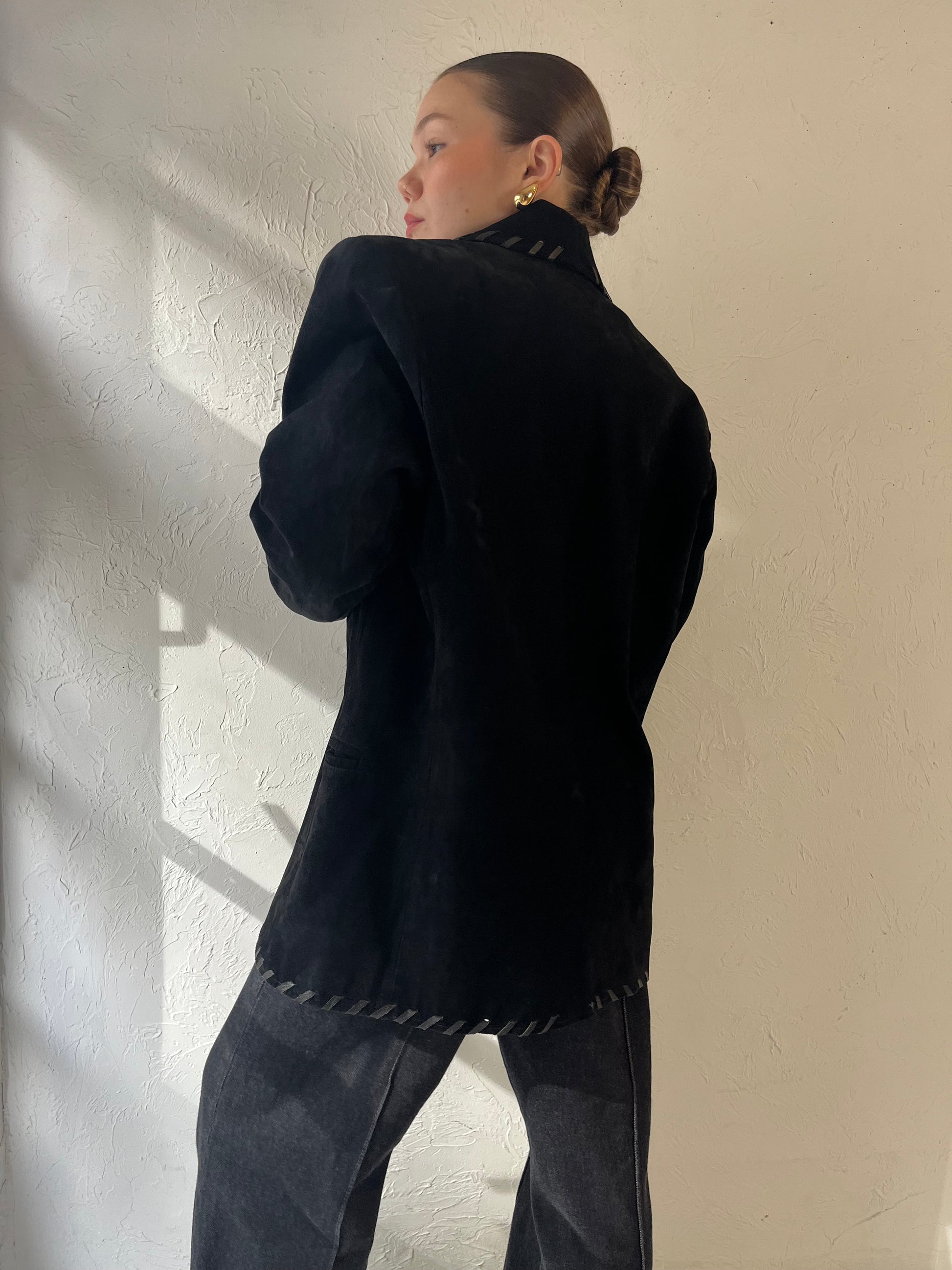 80s 'Dalmys' Oversized Black Suede Jacket / Small