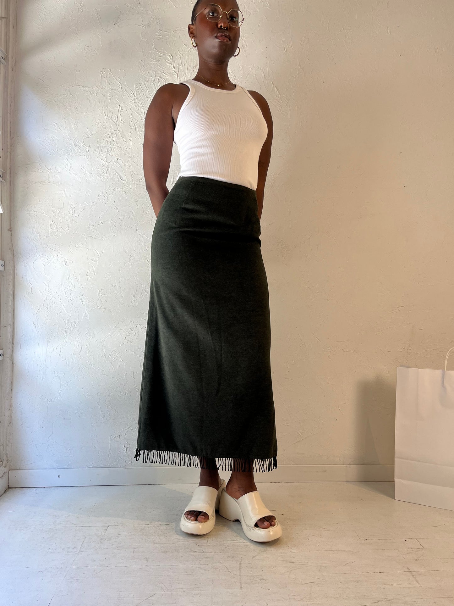 90s 'Dalia' Dark Green Micro Suede Maxi Skirt / Medium