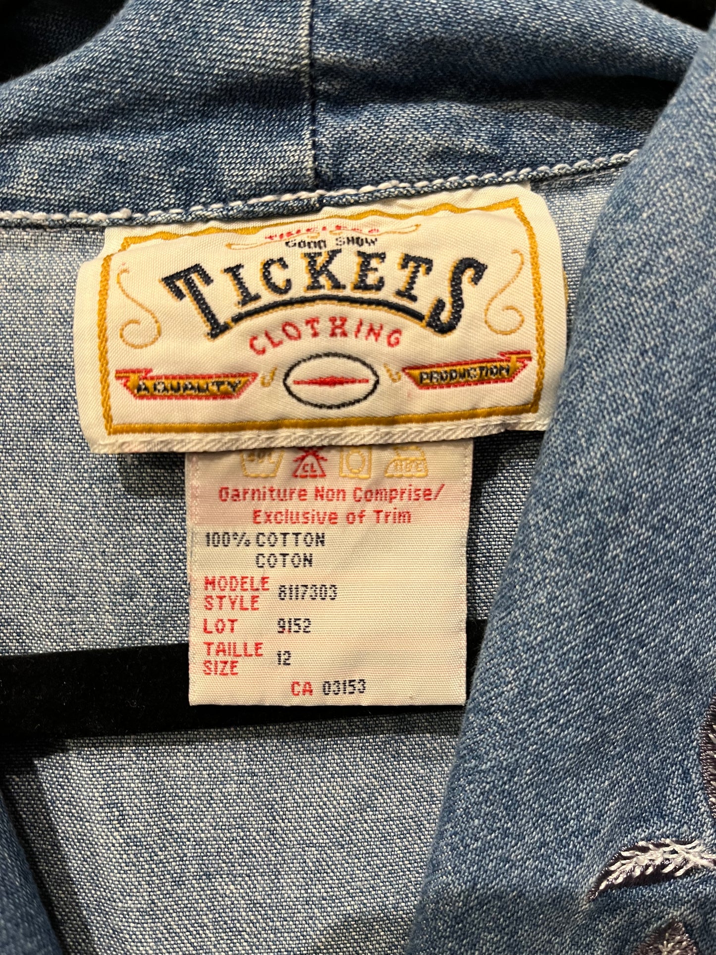 90s ‘Tickets’ Embroidered Denim Dress / Large