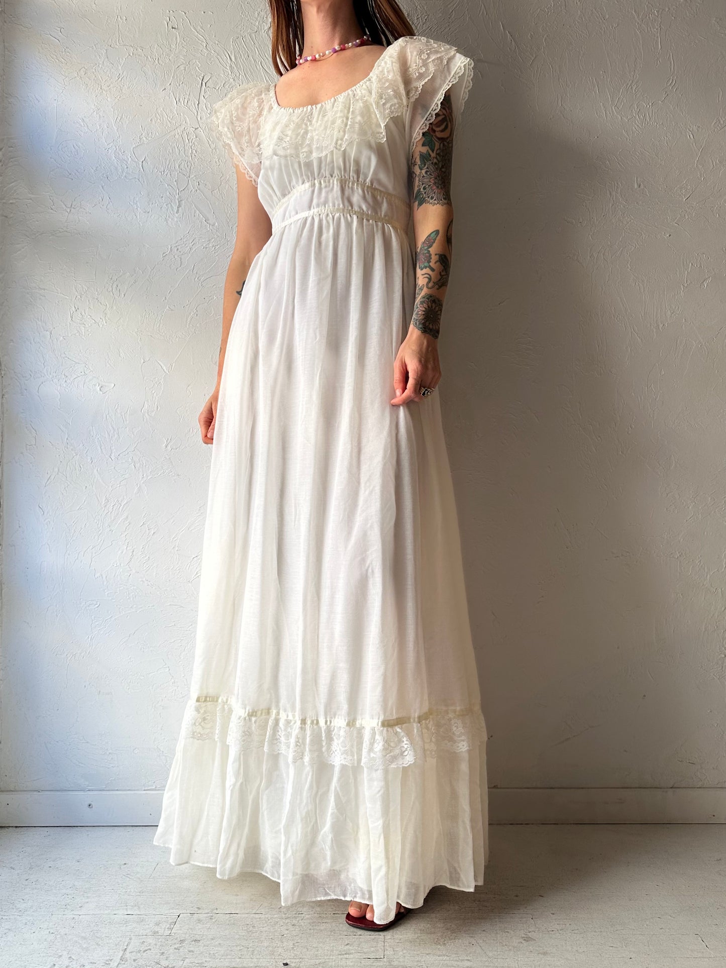 70s White Prairie Peasant Maxi Dress / Small