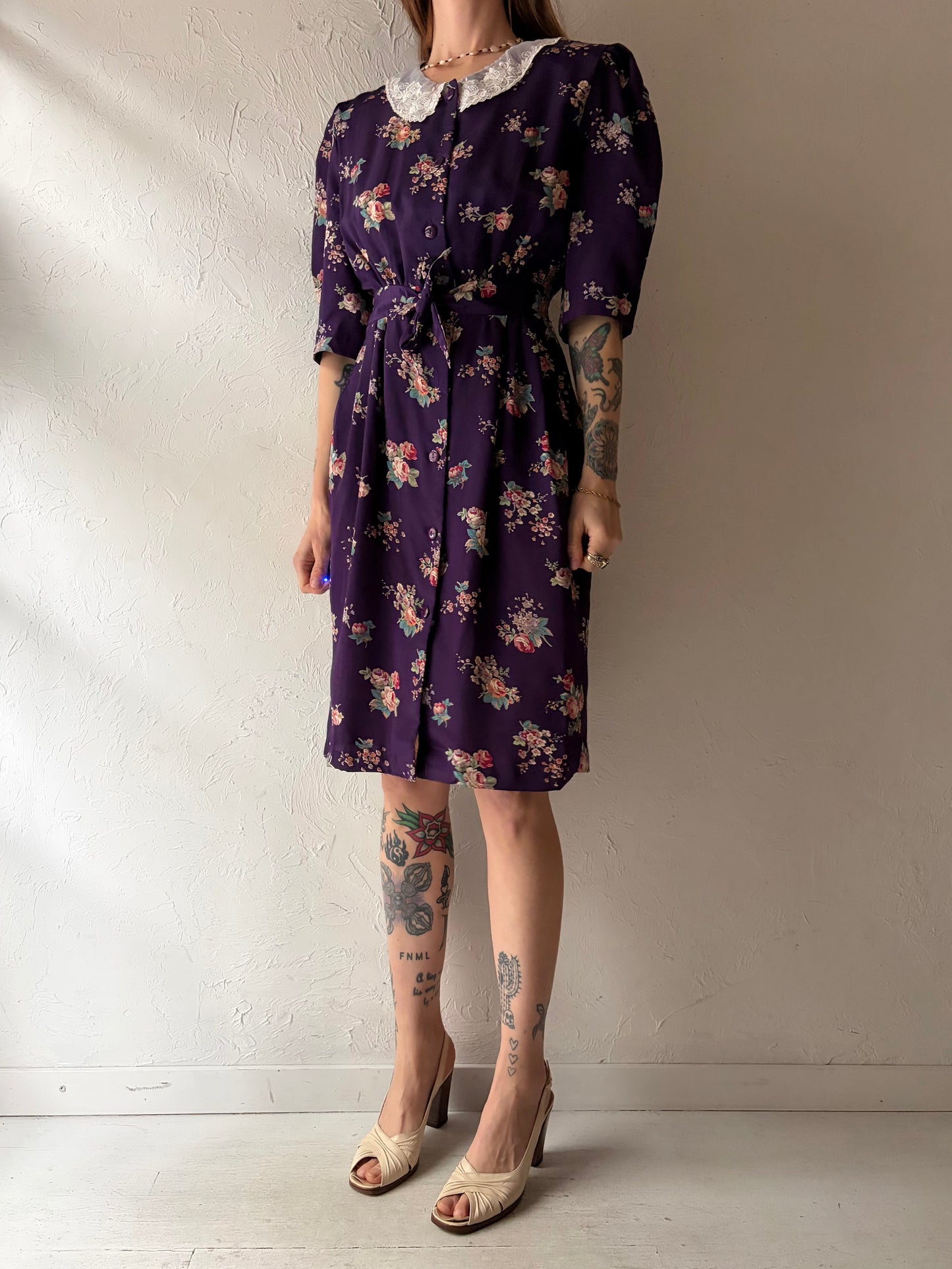 80s 'V.I. Petites' Purple Floral Preppy Academia Shirt Dress / Small