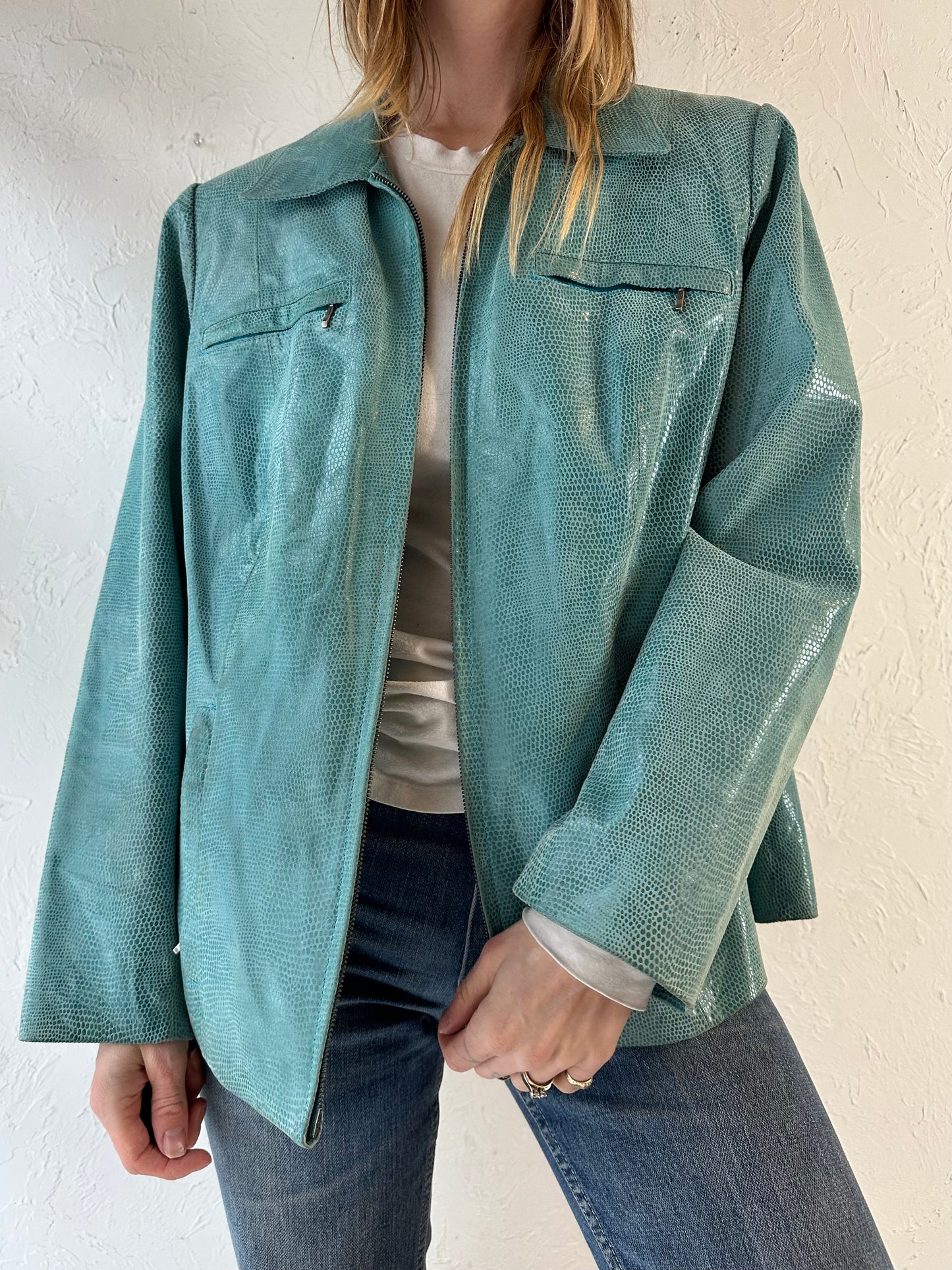 Y2K ‘Alfani’ Aqua Blue Leather Jacket / XL
