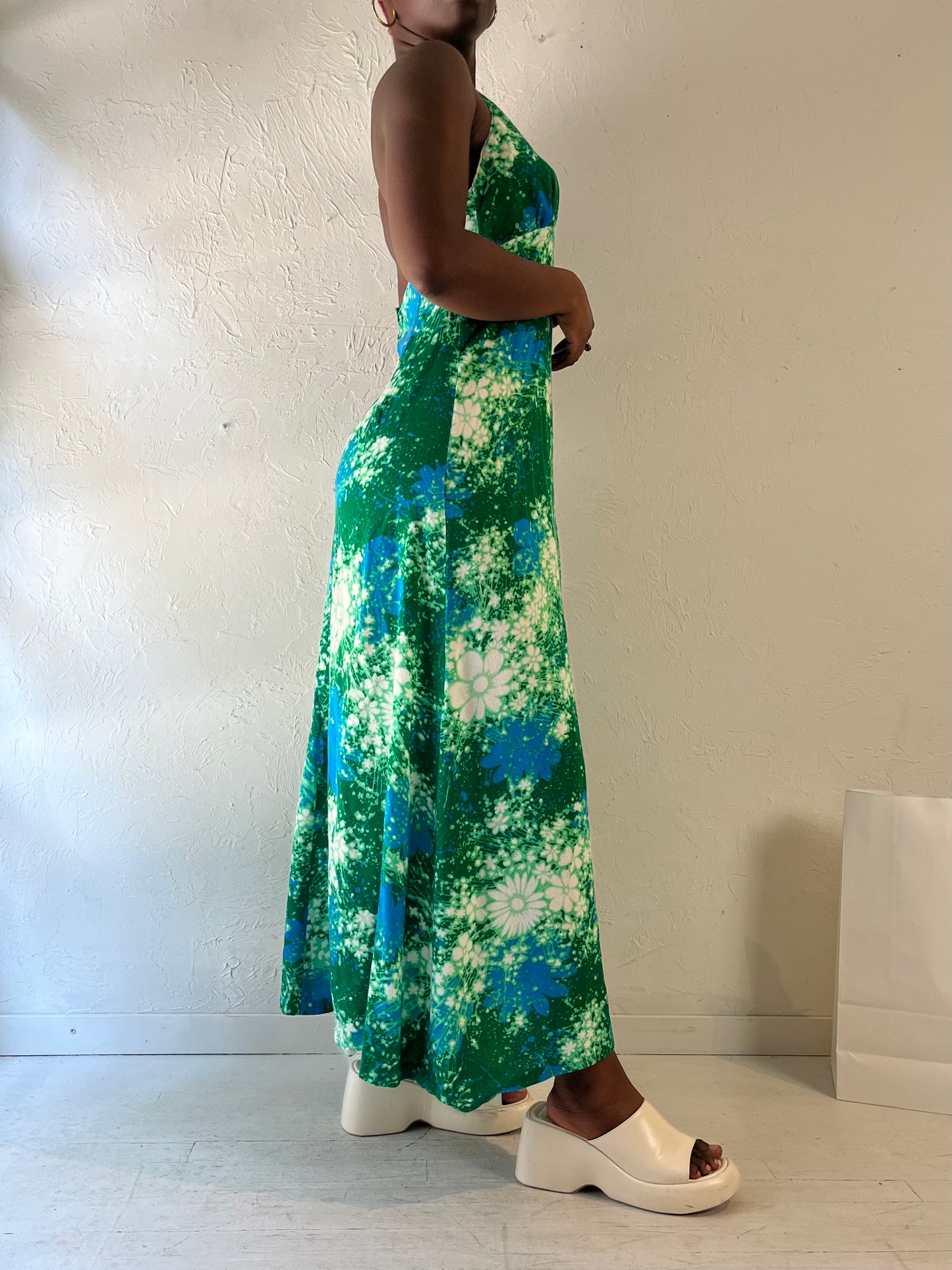 Vintage Handmade Green Patterned Halter Dress / Medium