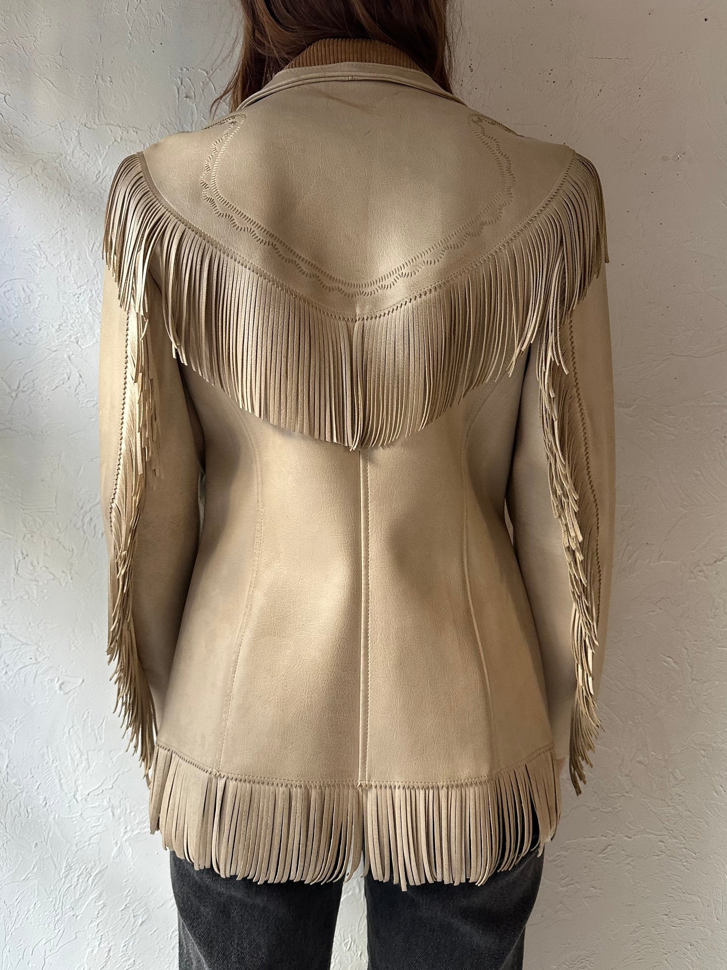 70s 'Pioneer Wear' Beige Faux Leather Fringe Jacket / Small