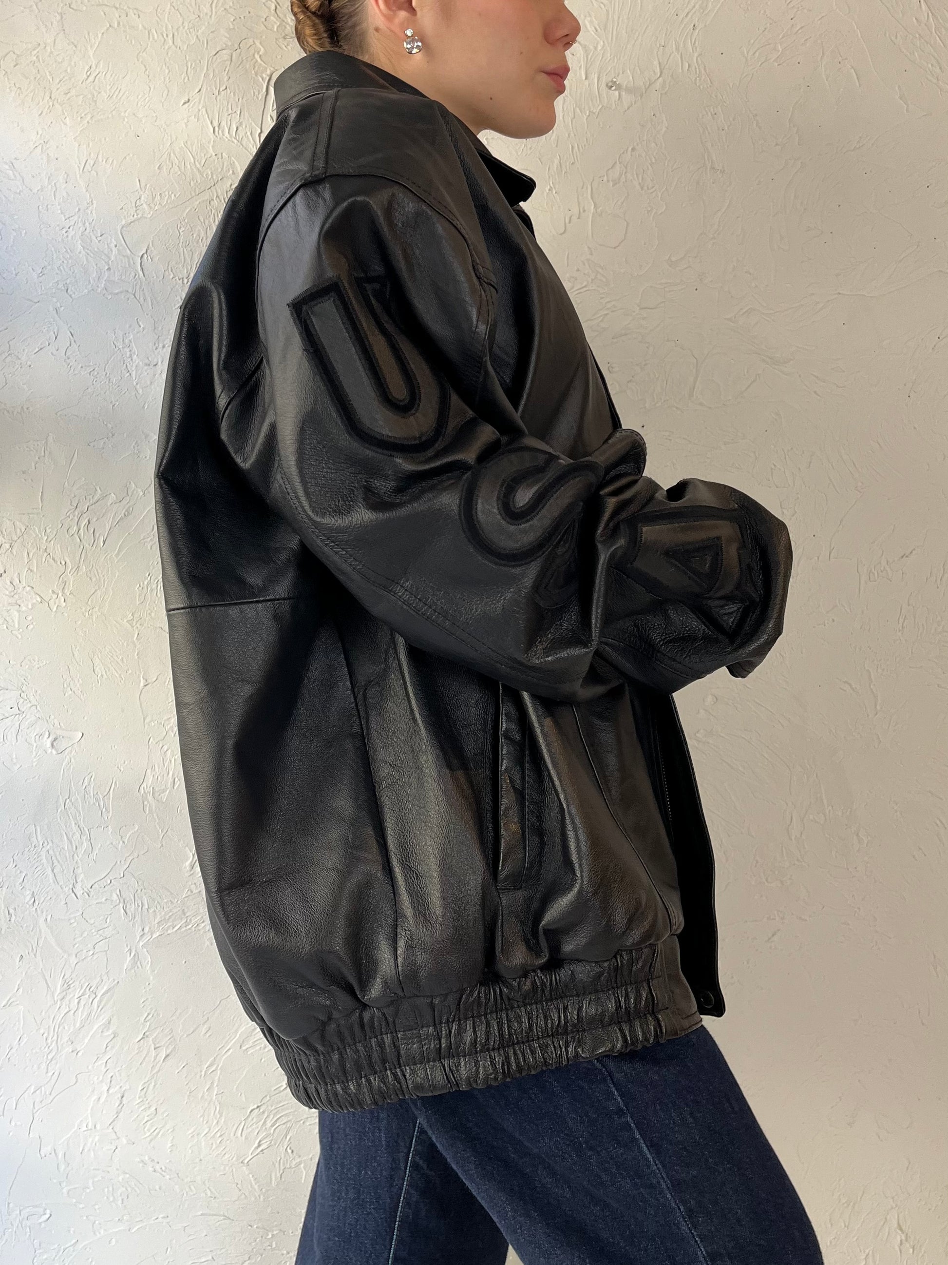 90s ‘USA’ Black Leather Bomber Jacket / XL