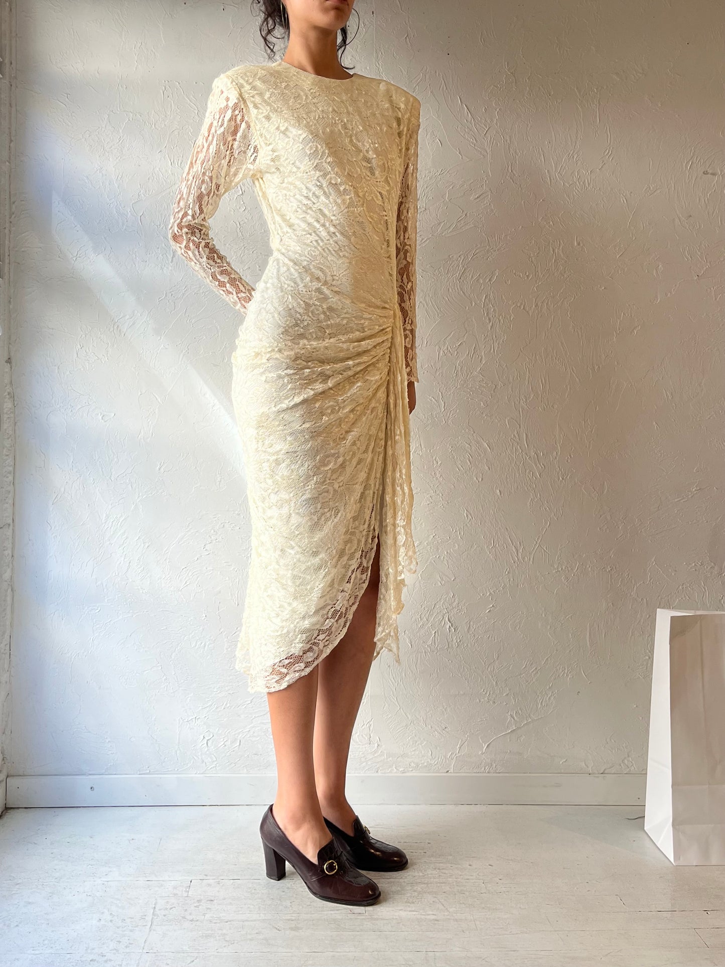 80s 'Night Moves' Cream Lace Formal Dress / Small