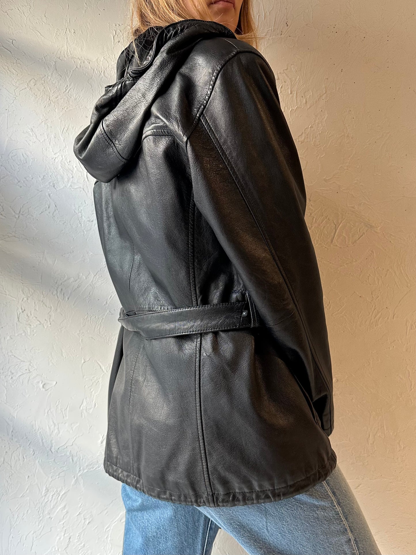 90s ‘Pelle’ Black Leather Hooded Jacket / Medium